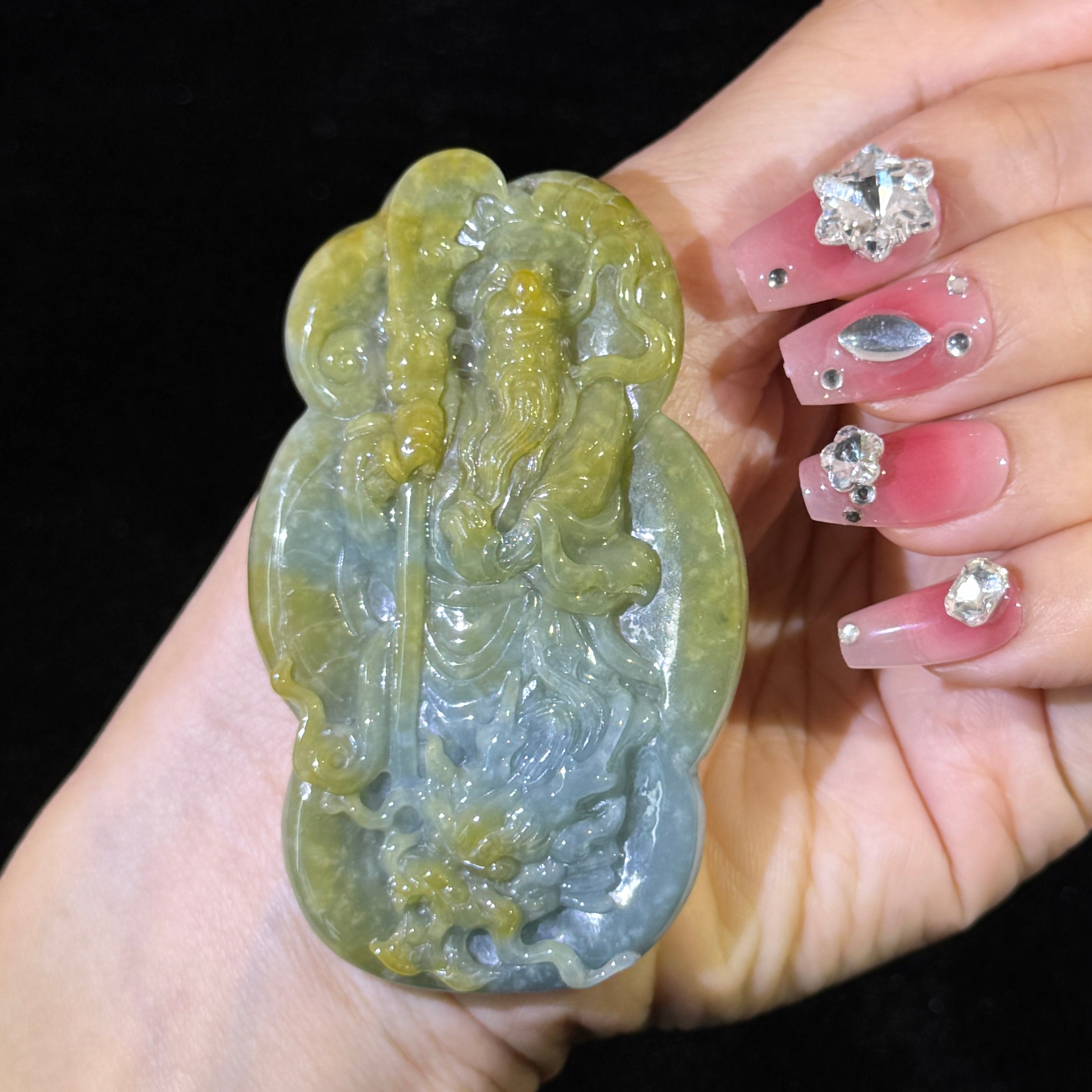 Type A Blueish Green & Yellow Jade Guan Gong & Dragon Pendant