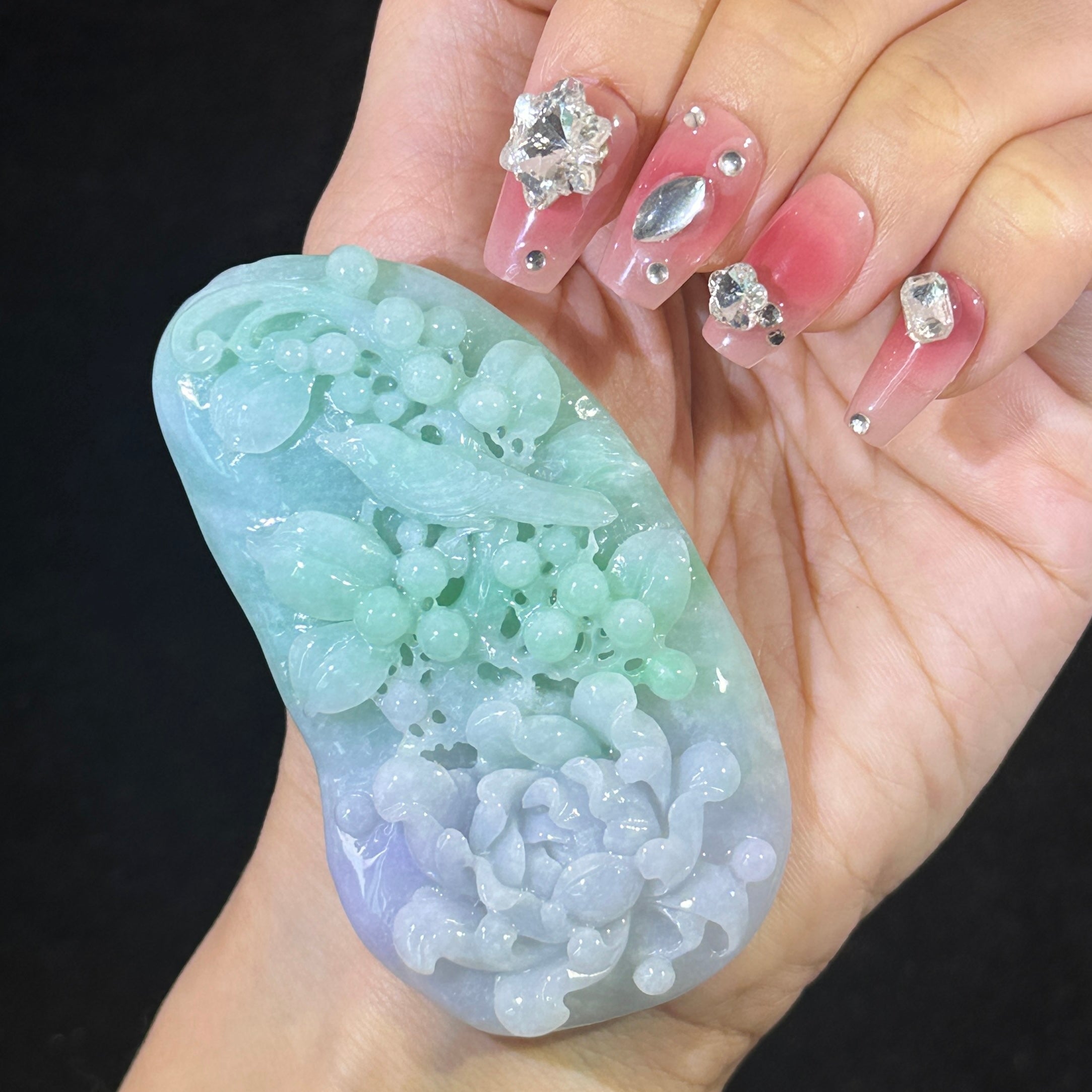 Type A Lavender & Green Jade Birds & Flowers Pendant