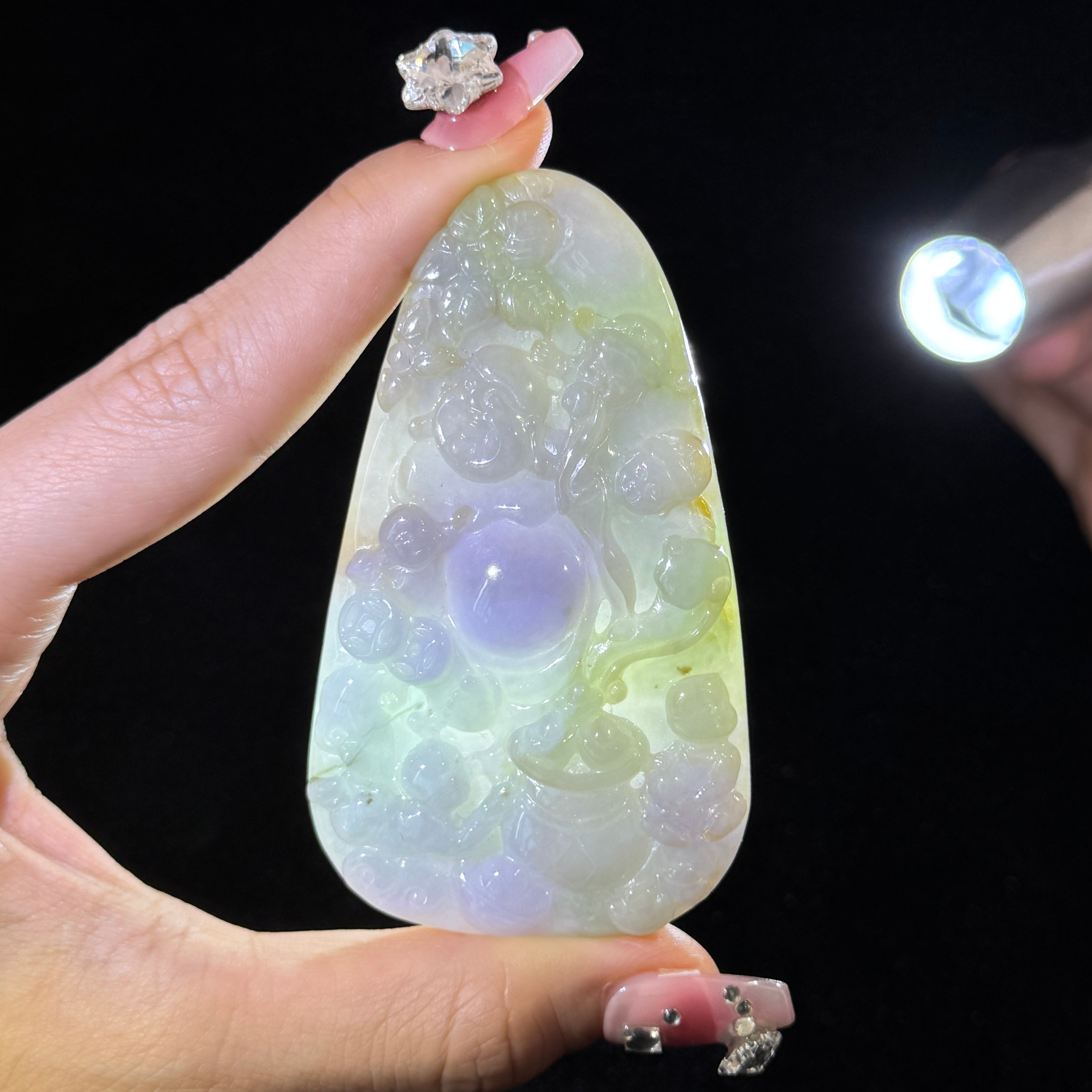Type A Lavender, Green & Yellow Jade Milo Buddha Pendant