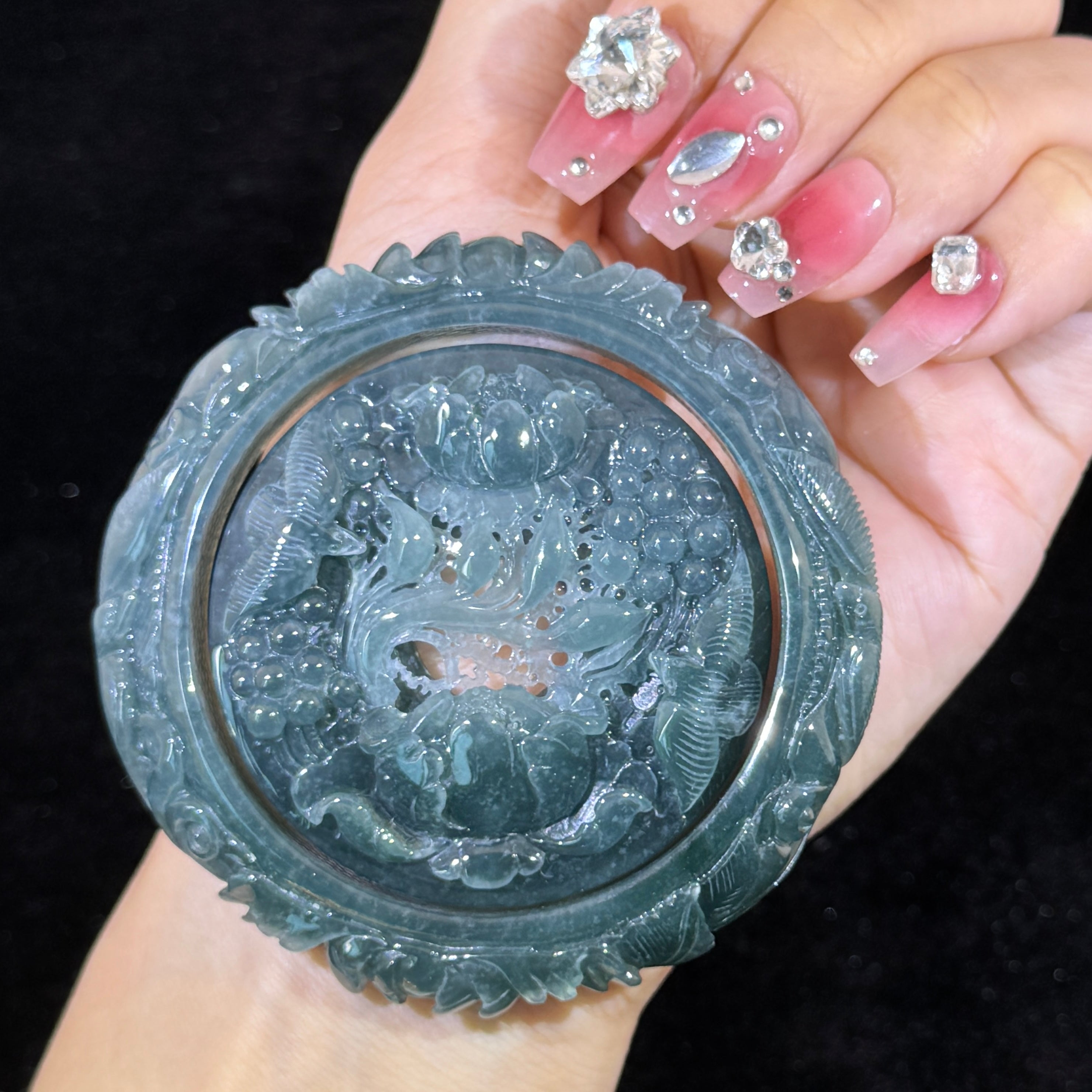 Type A Blueish Green Jade Birds & Flowers Bangle Pendant set