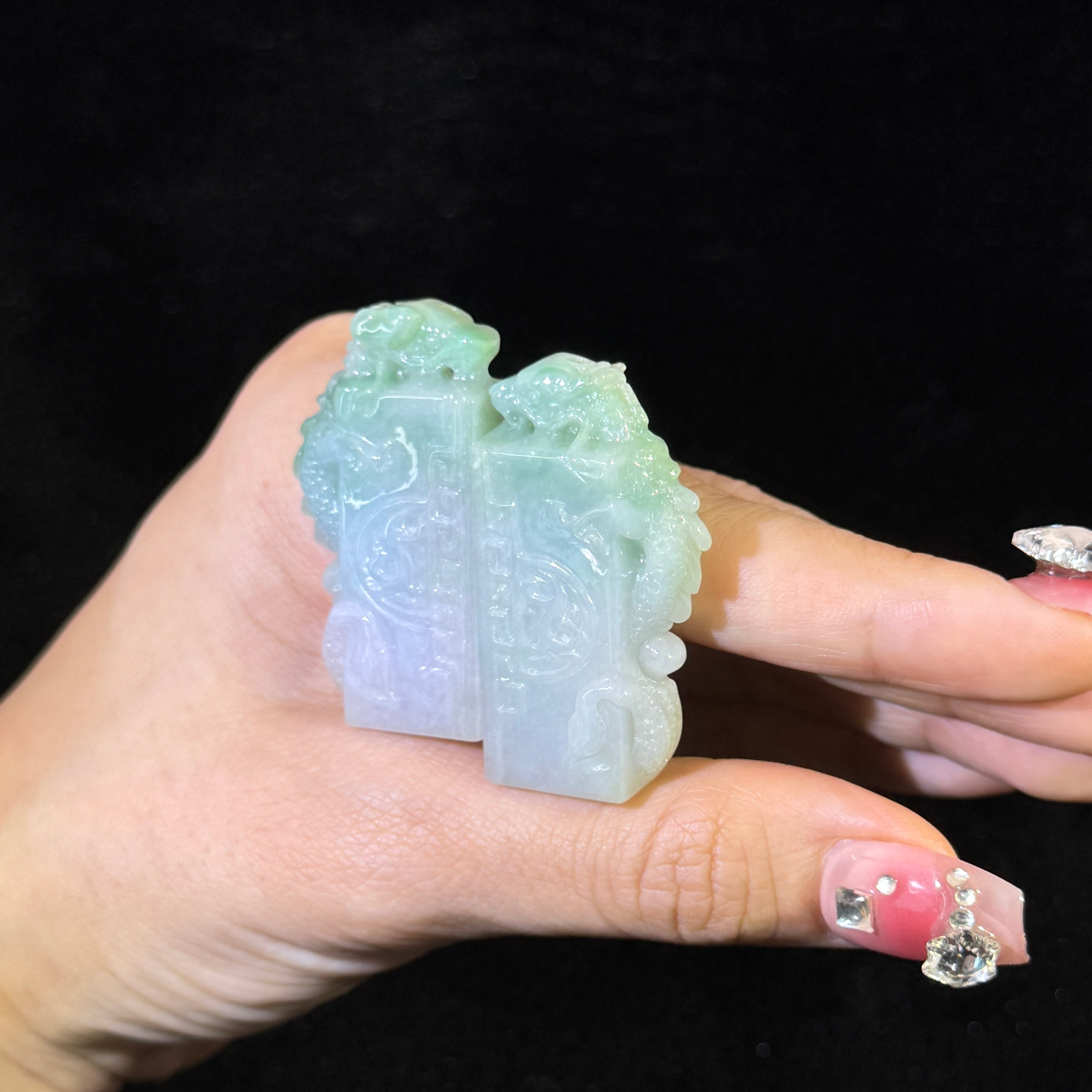 Type A Green Jade Pair of Dragon Seal Display