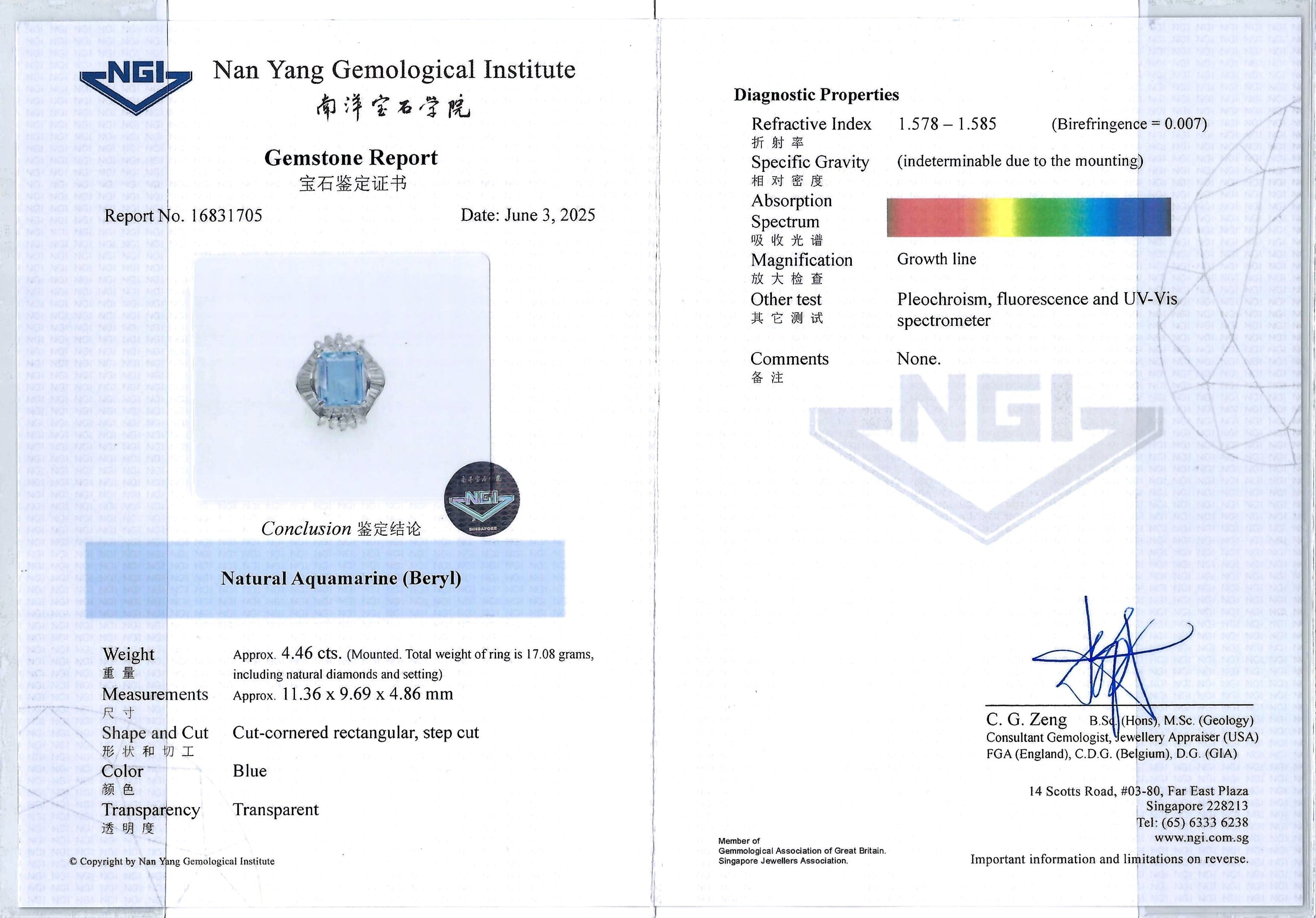 Natural Aquamarine with Natural Diamonds and Platinum Pt 900 NGI Cert