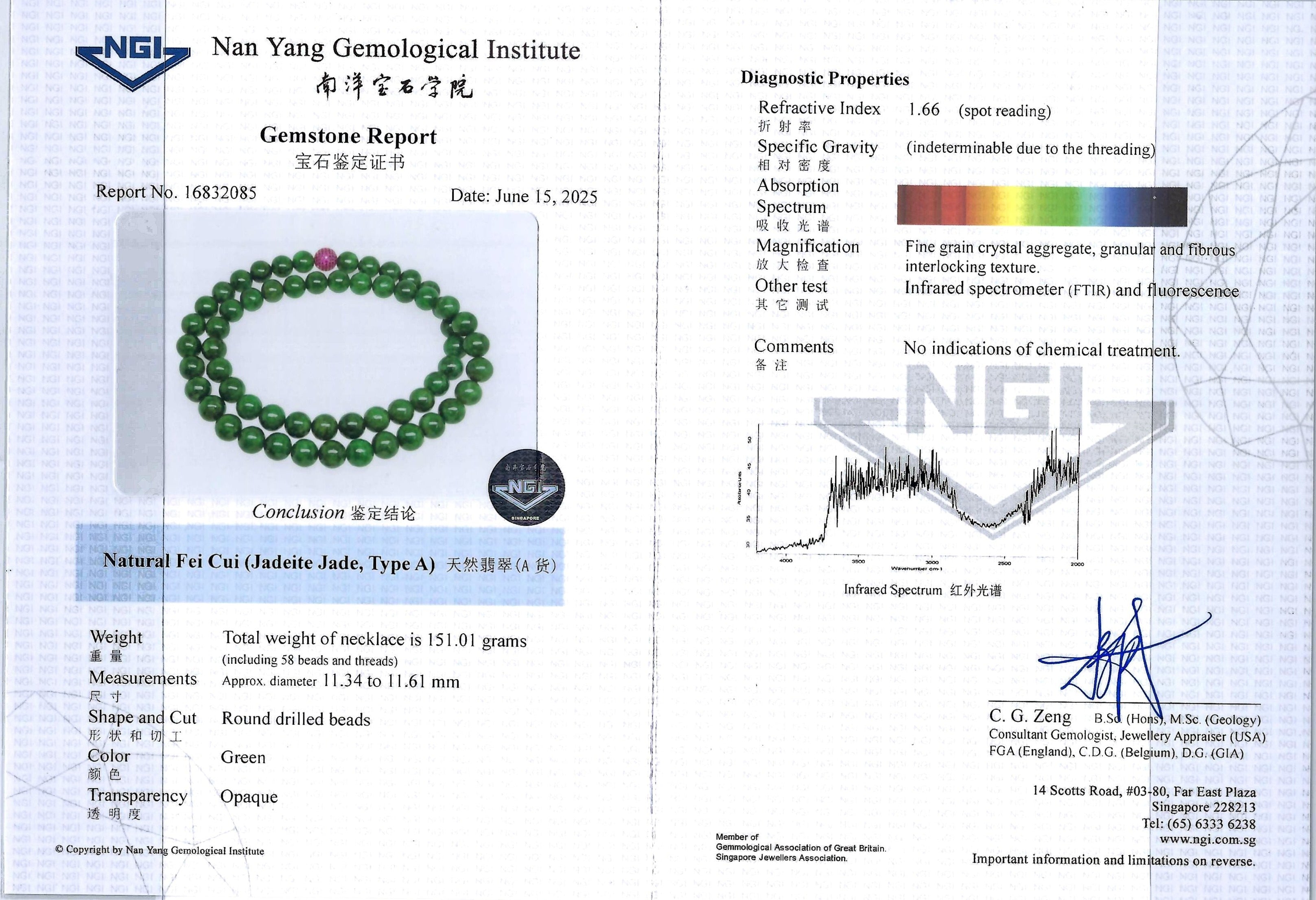 Type A Full Green Jade Beads Necklace NGI Cert