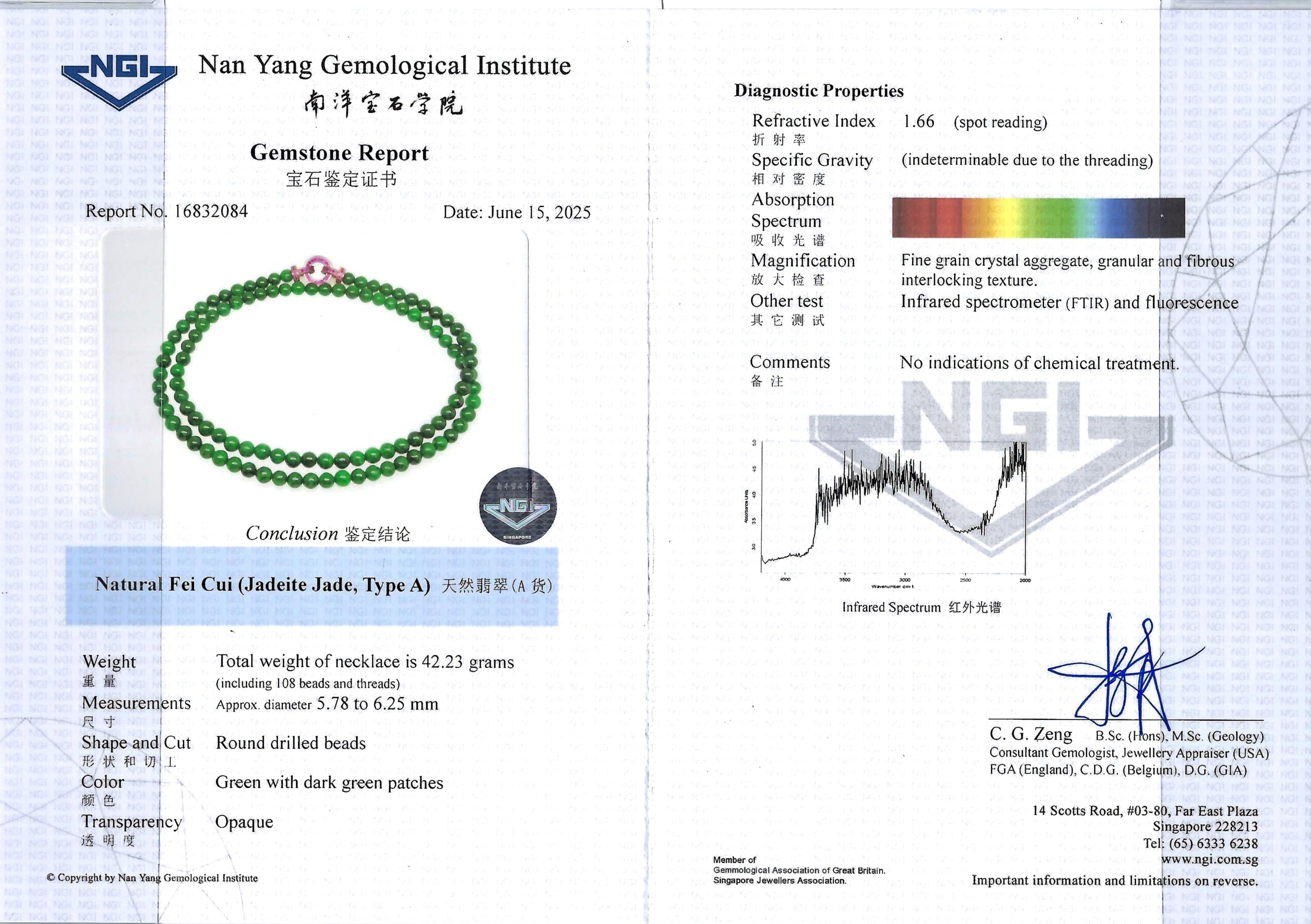 Type A Full Spicy Green Jade Beads Necklace NGI Cert