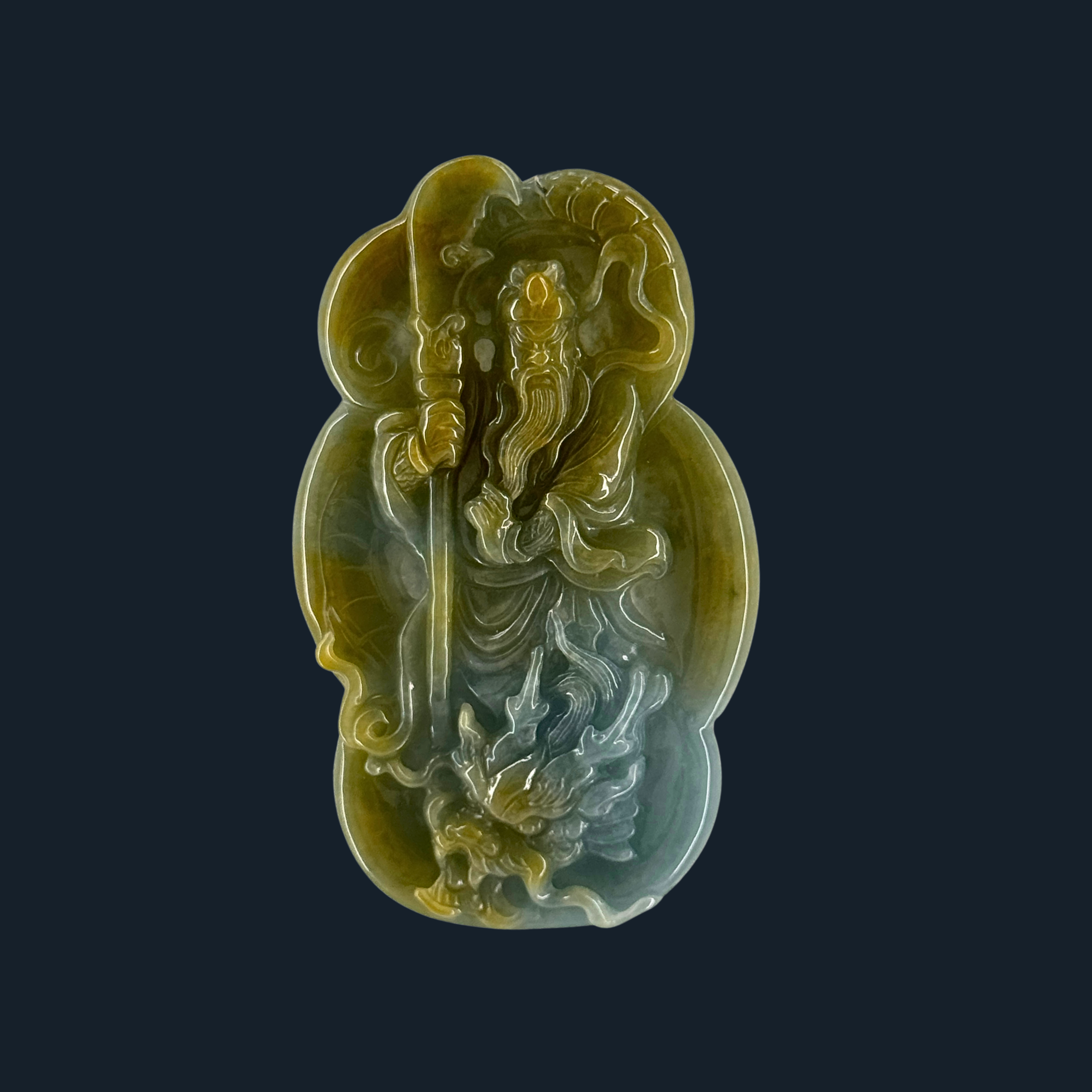 Type A Blueish Green & Yellow Jade Guan Gong & Dragon Pendant