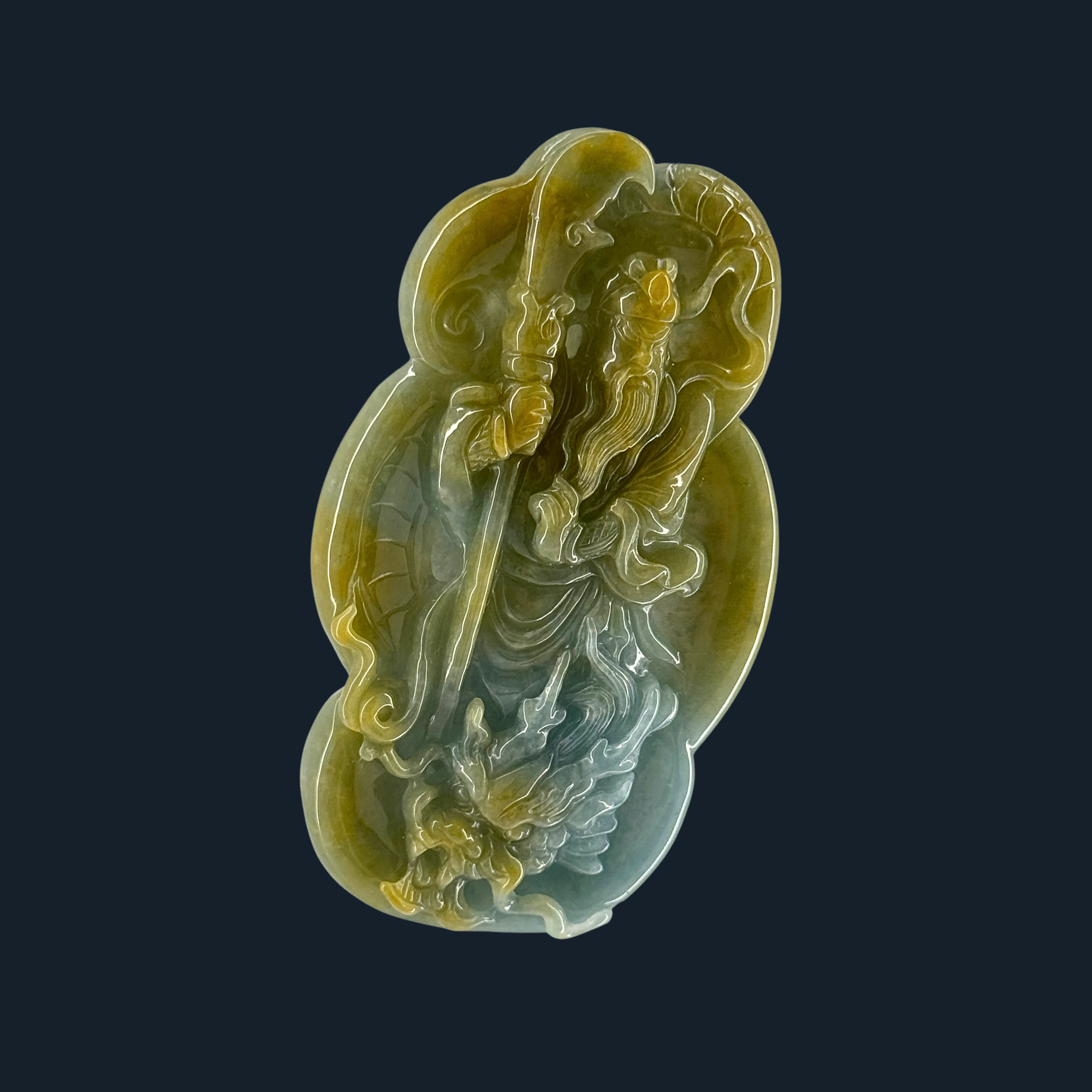 Type A Blueish Green & Yellow Jade Guan Gong & Dragon Pendant