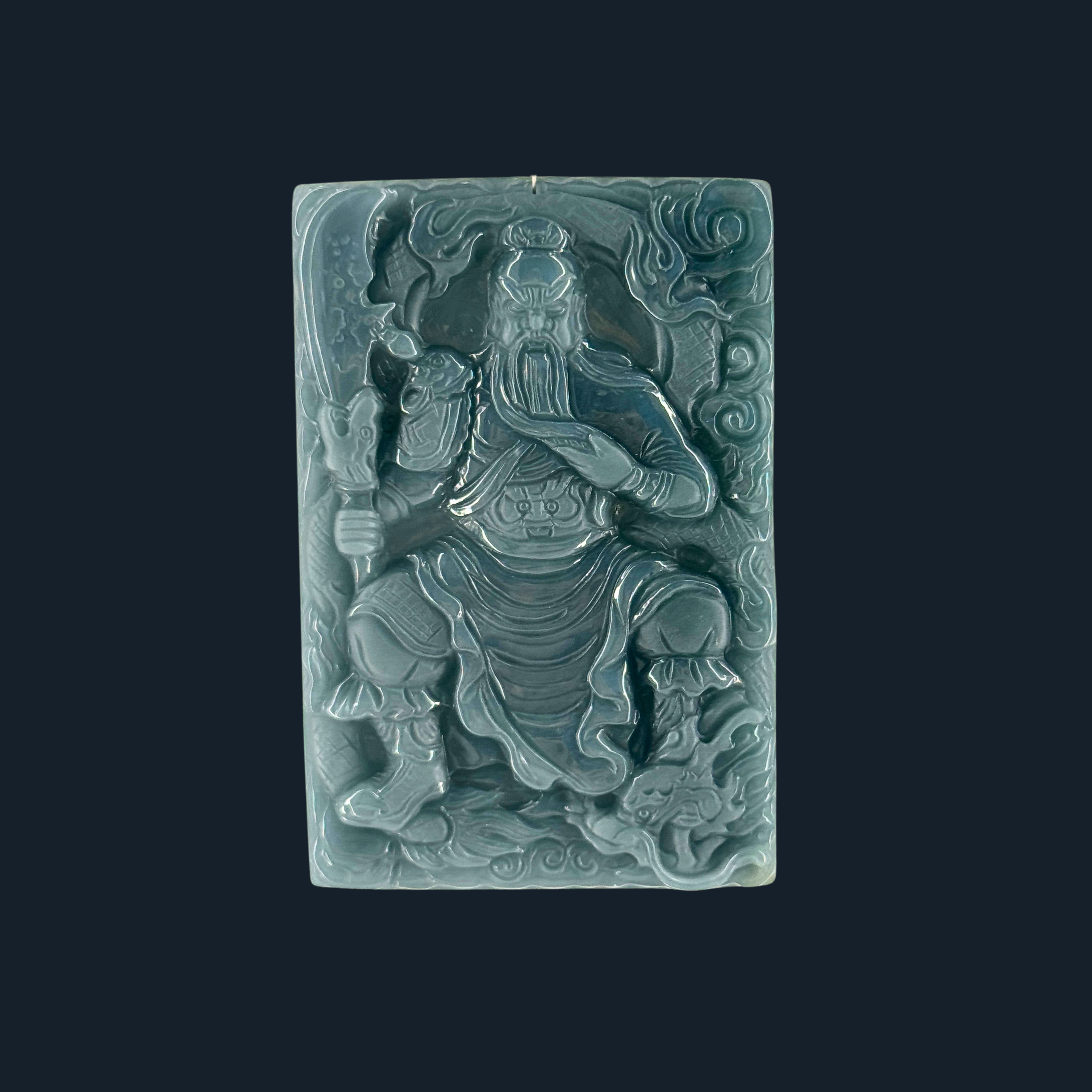 Type A Blueish Green Jade Guan Gong & Dragon