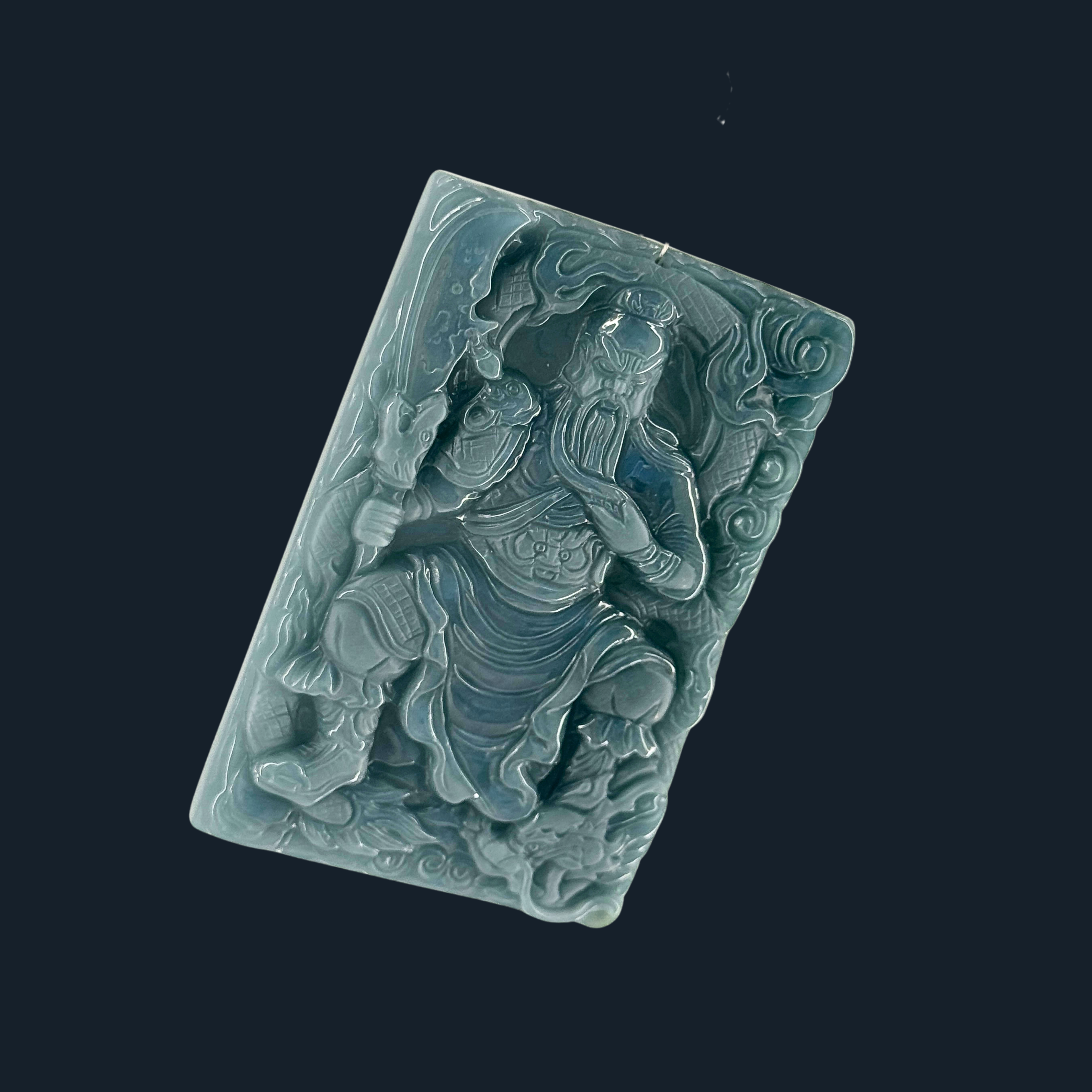 Type A Blueish Green Jade Guan Gong & Dragon