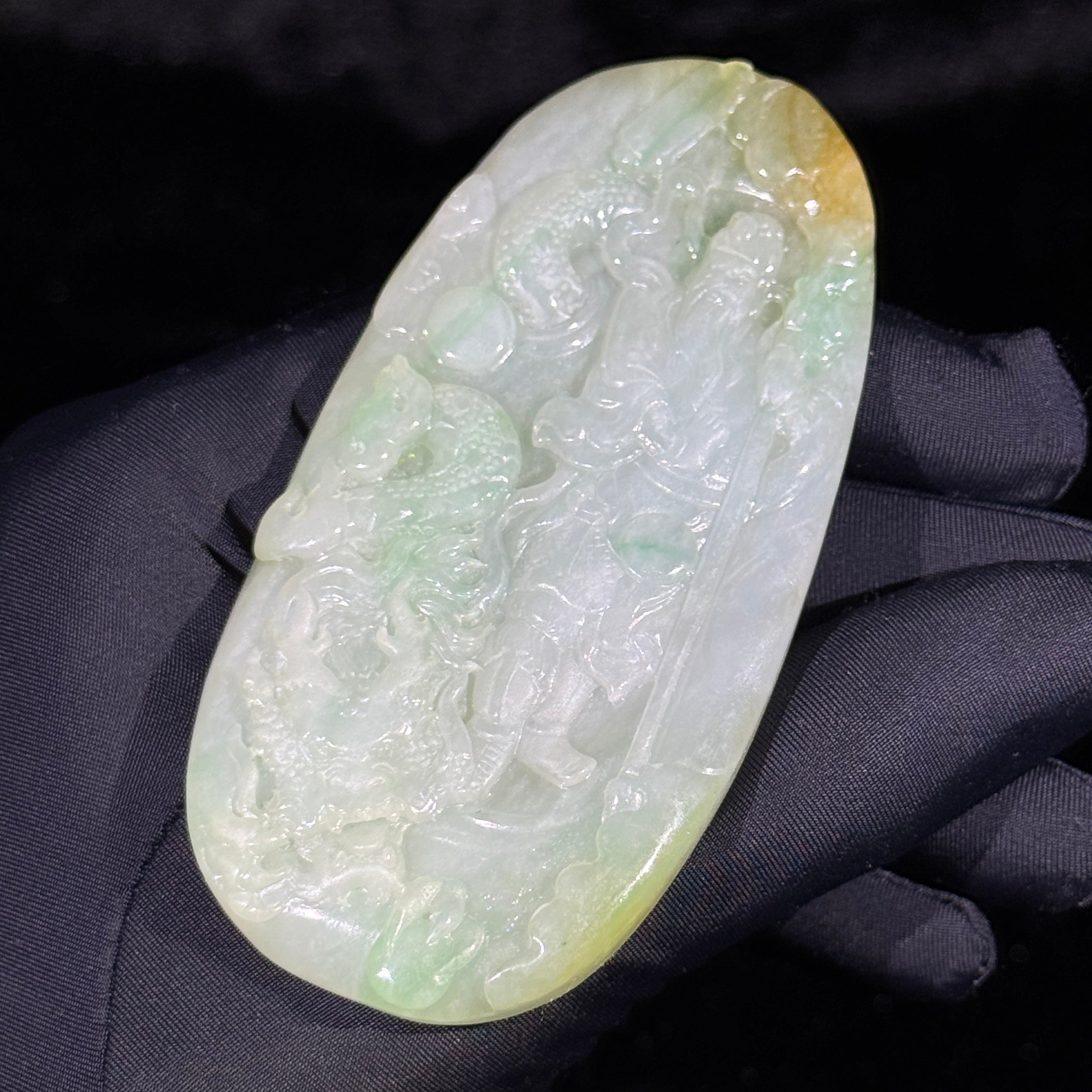 Type A Green and Yellow Jade Guan Gong & Dragon