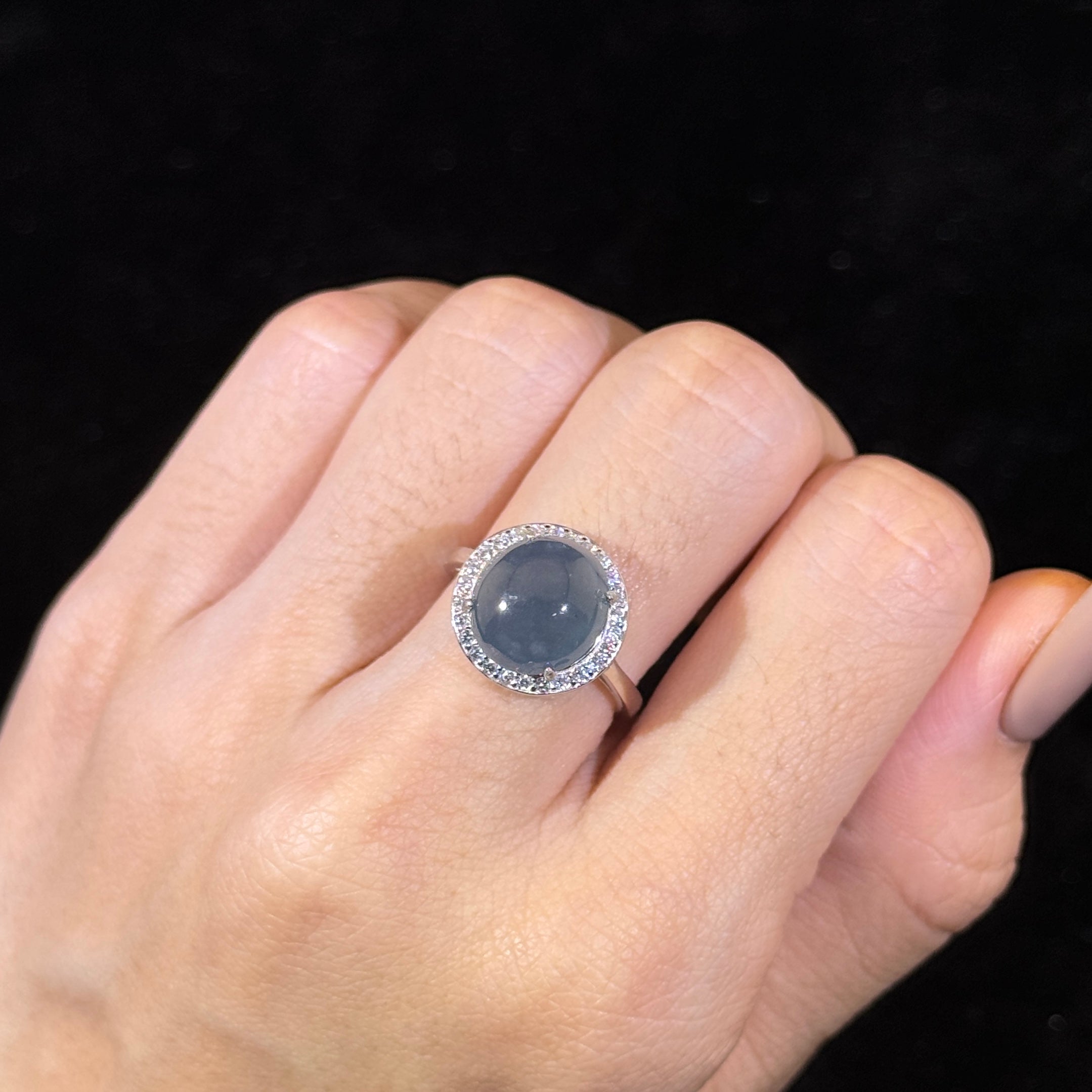 925 Sliver Type A Blueish Green Jade Ring