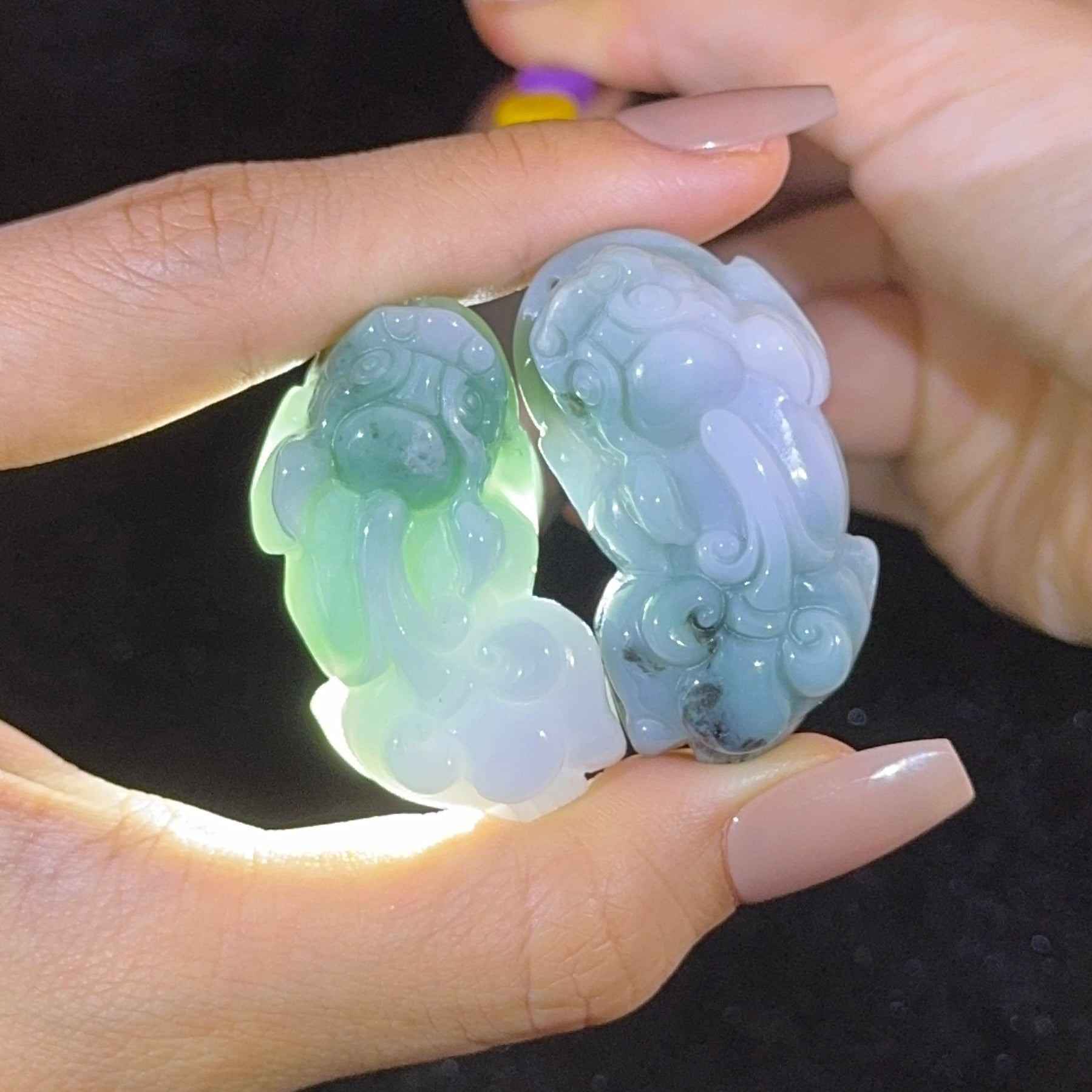 Type A Lavender & Green Jade Pixiu Pair Display