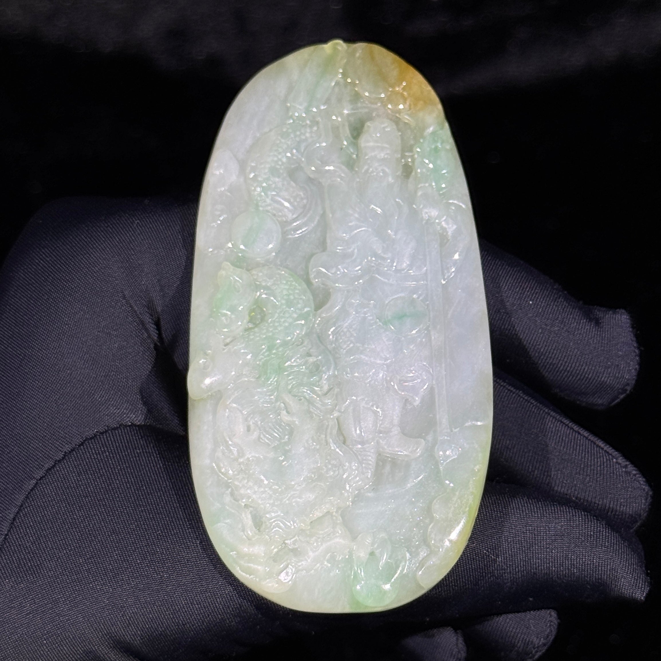 Type A Green and Yellow Jade Guan Gong & Dragon