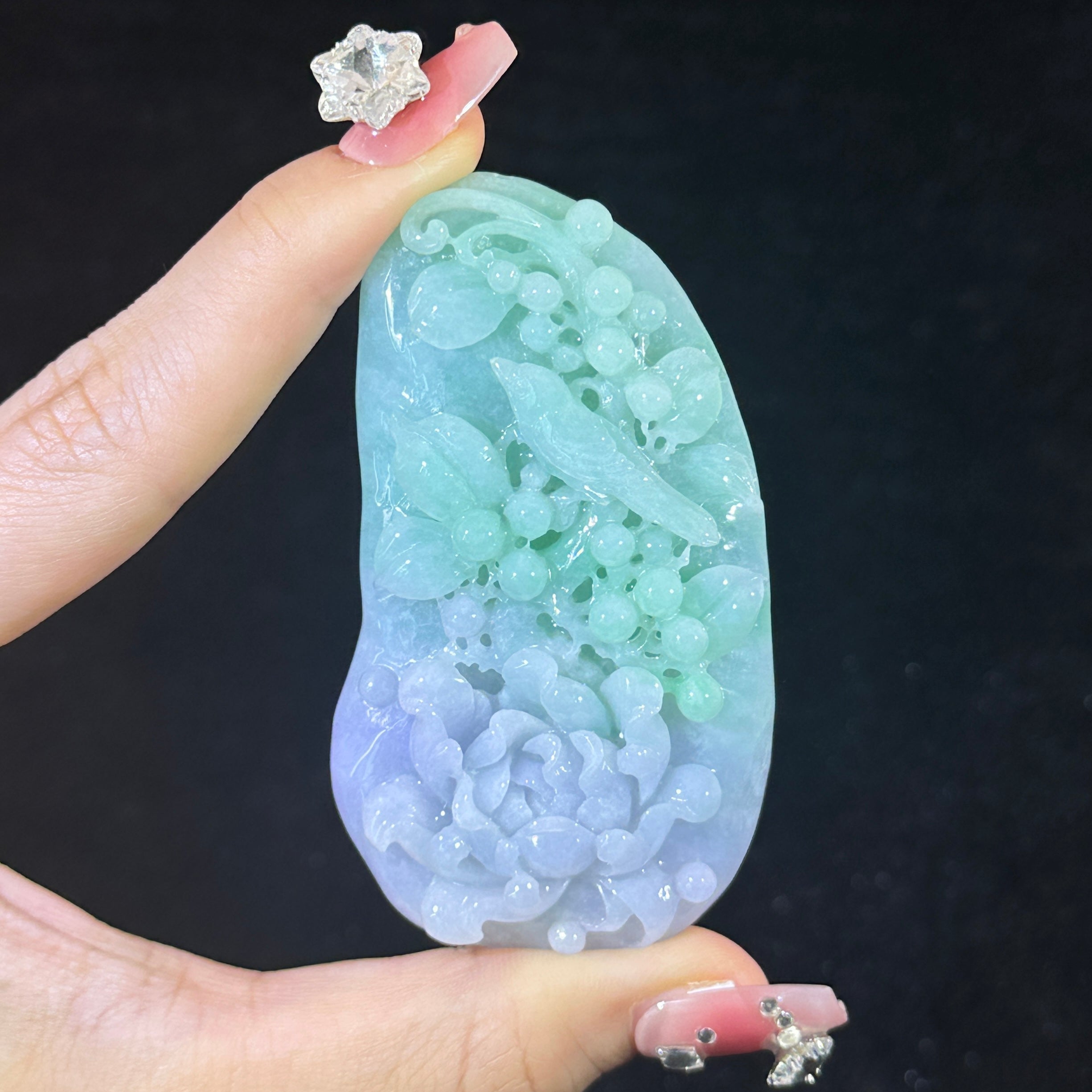 Type A Lavender & Green Jade Birds & Flowers Pendant