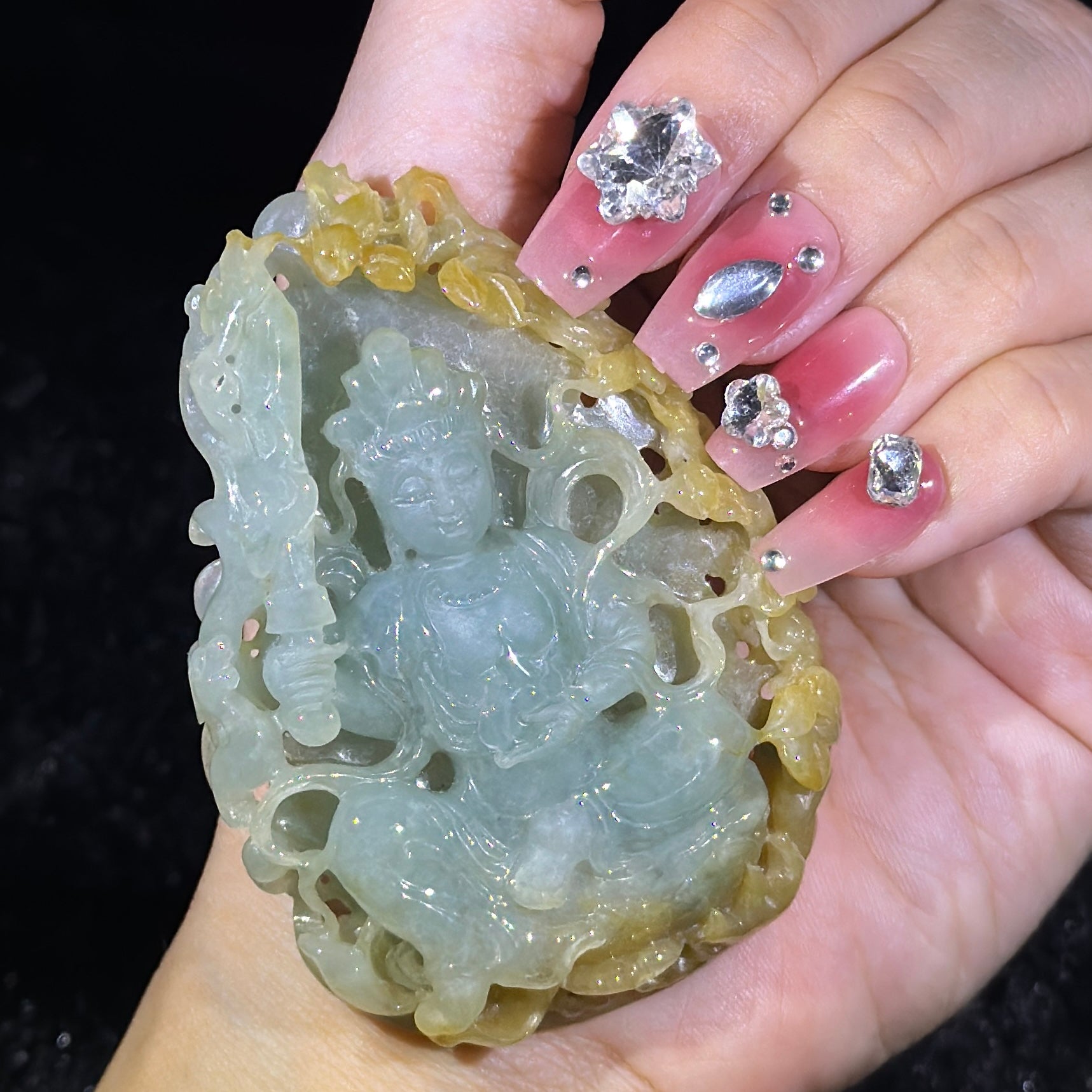 Type A Blueish Green & Yellow Jade Bodhisattva Manjushri