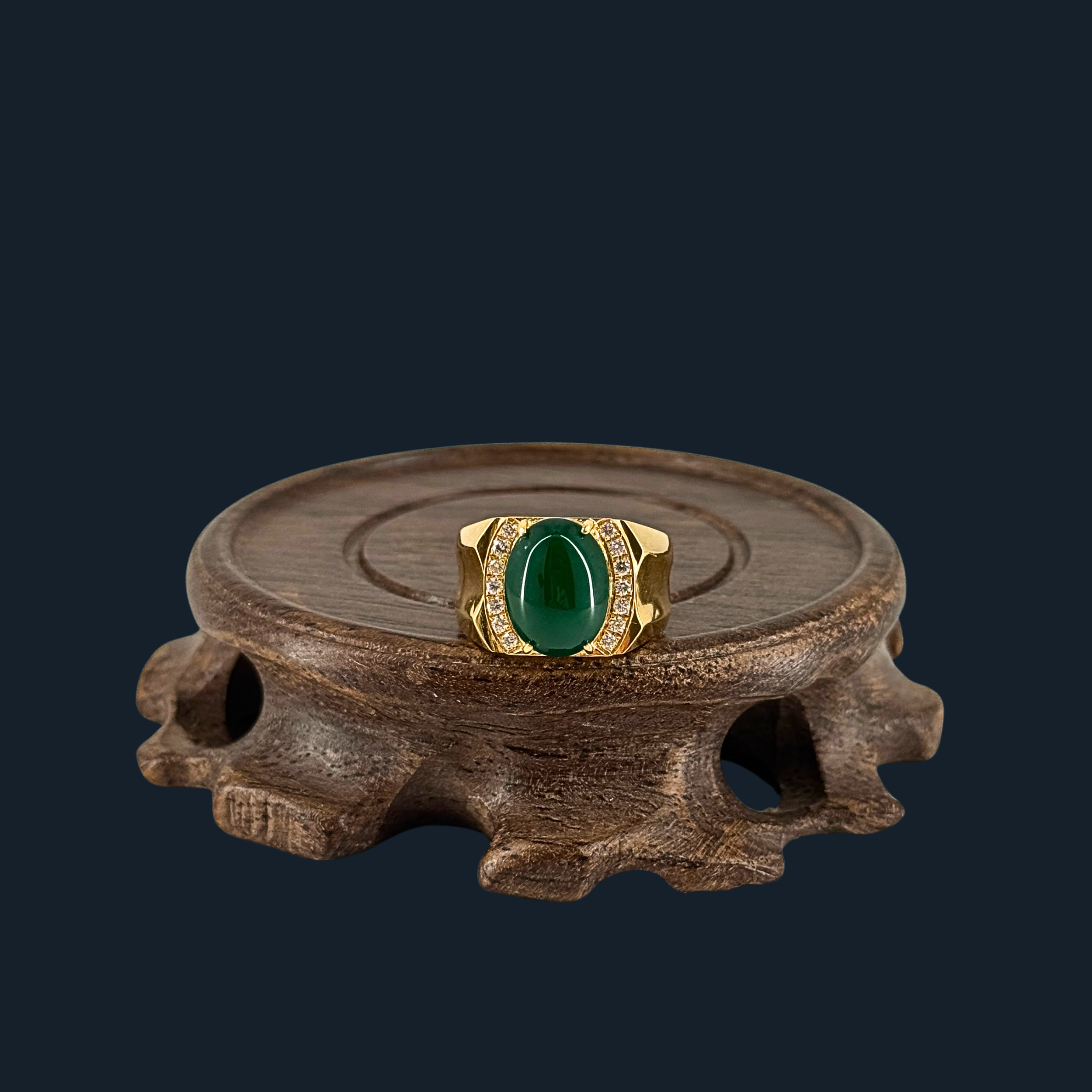 Type A Green Jade Ring with Natural Diamonds and 916 Gold