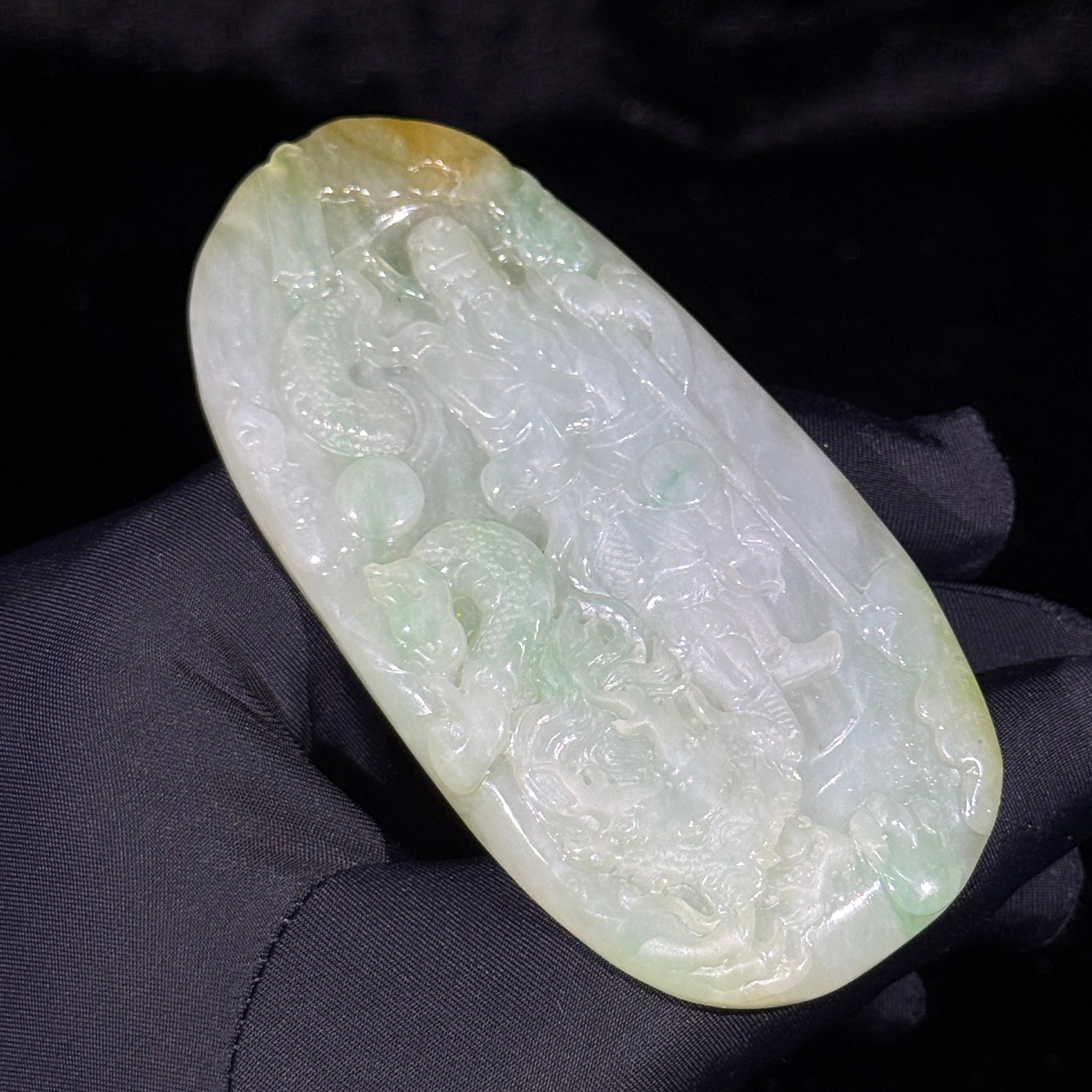 Type A Green and Yellow Jade Guan Gong & Dragon