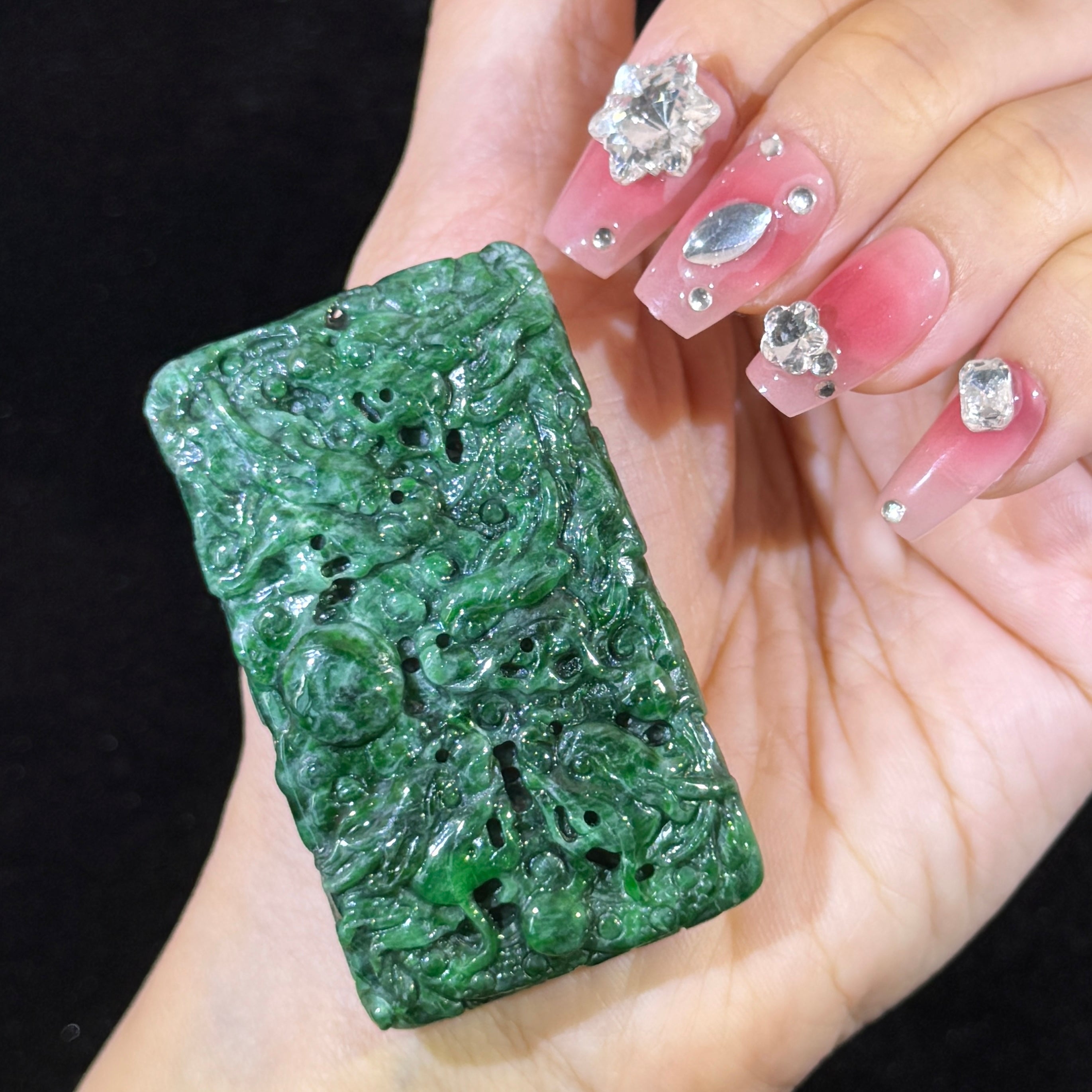 Type A Full Spicy Green Jade 9 Dragons Pendant