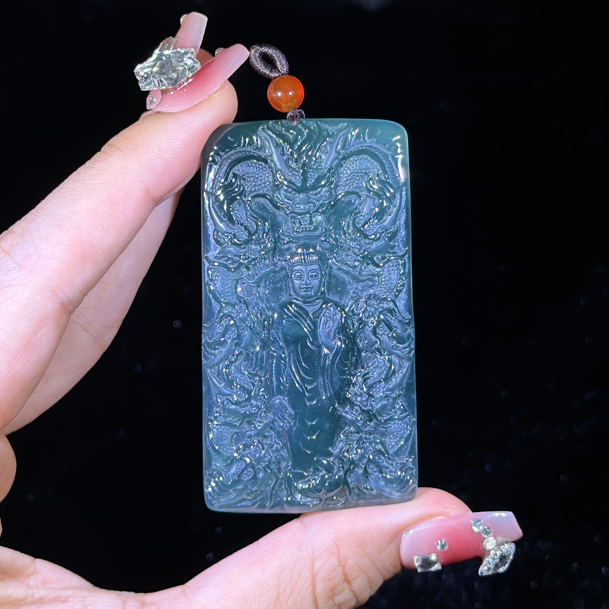 Type A Blueish Green Jade Amitabha Buddha with 9 Dragons