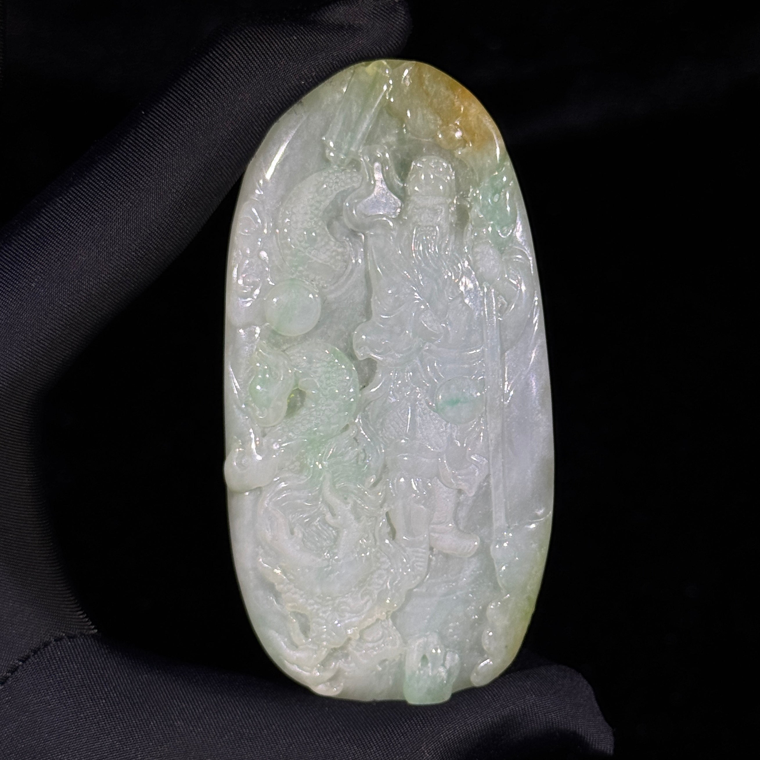 Type A Green and Yellow Jade Guan Gong & Dragon
