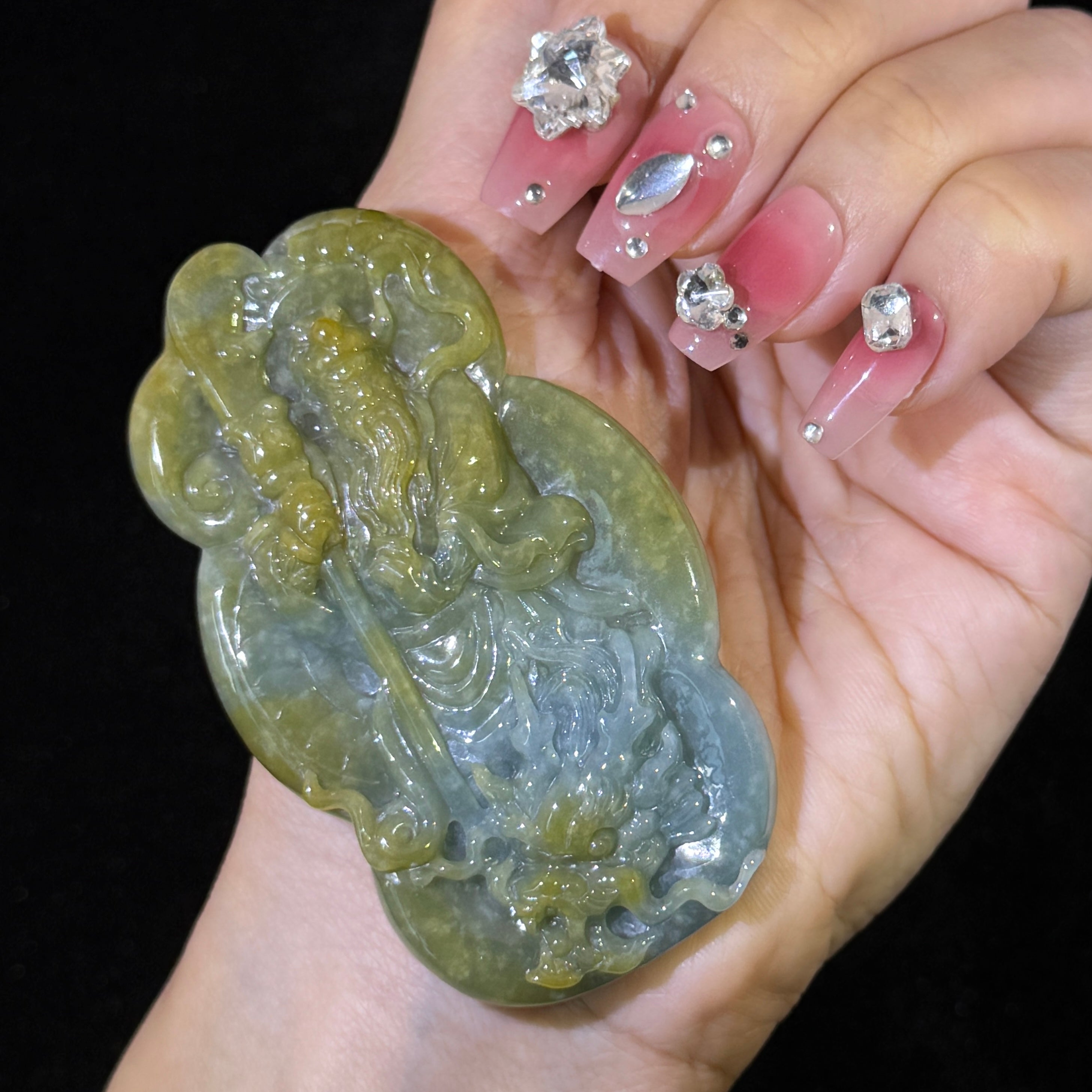 Type A Blueish Green & Yellow Jade Guan Gong & Dragon Pendant