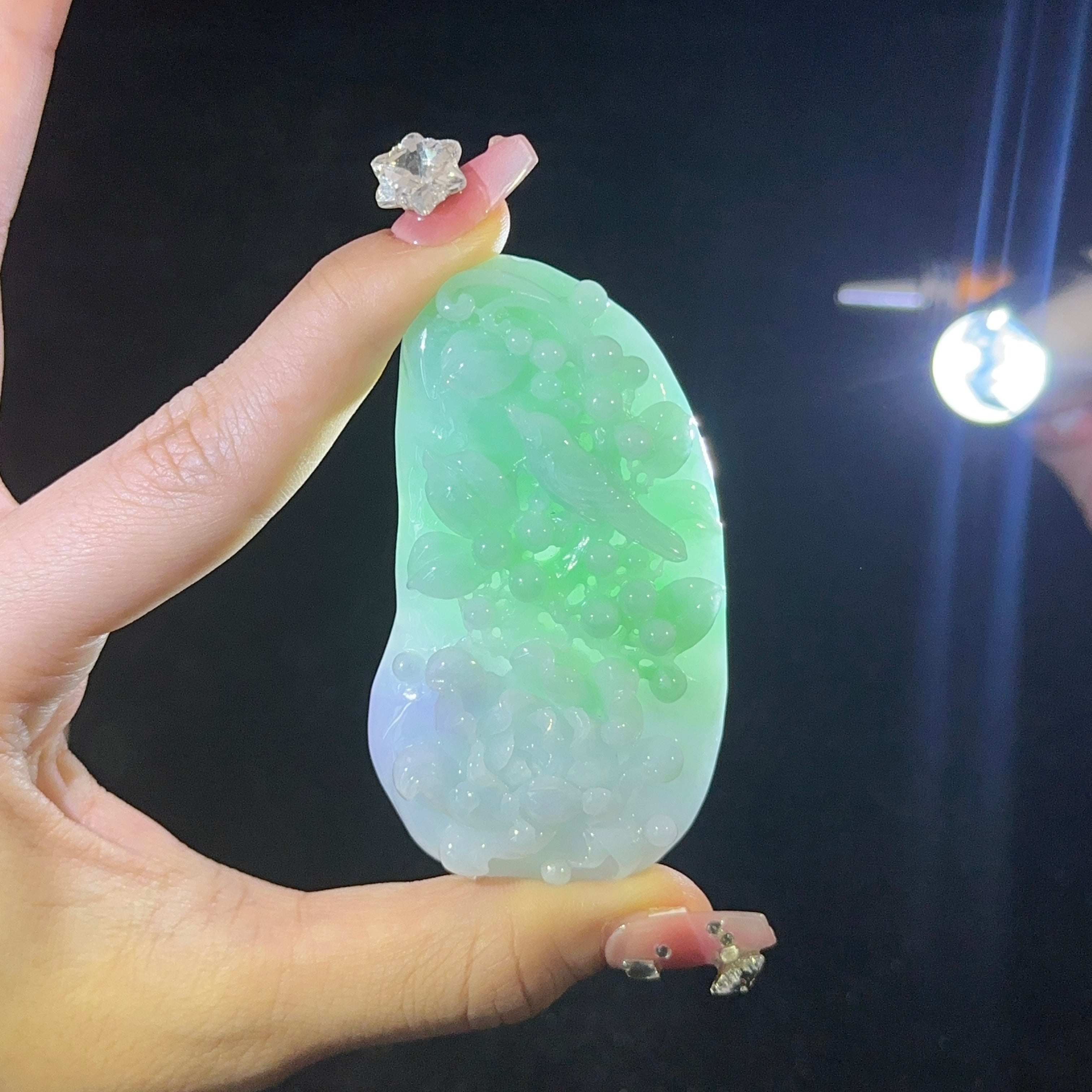 Type A Lavender & Green Jade Birds & Flowers Pendant