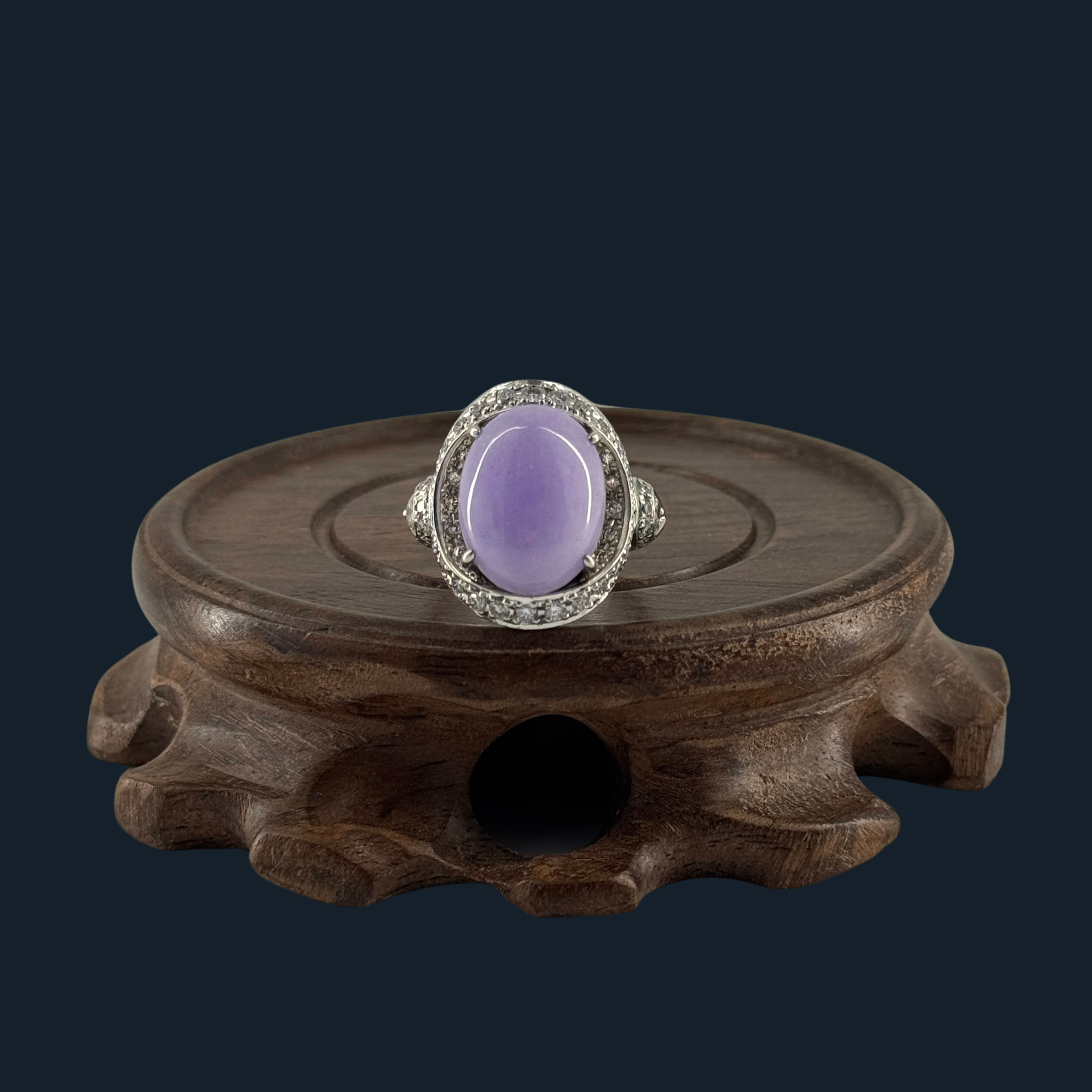 Type A Lavender Jade Ring with Natural Diamonds and Platinum Pt900 NGI Cert