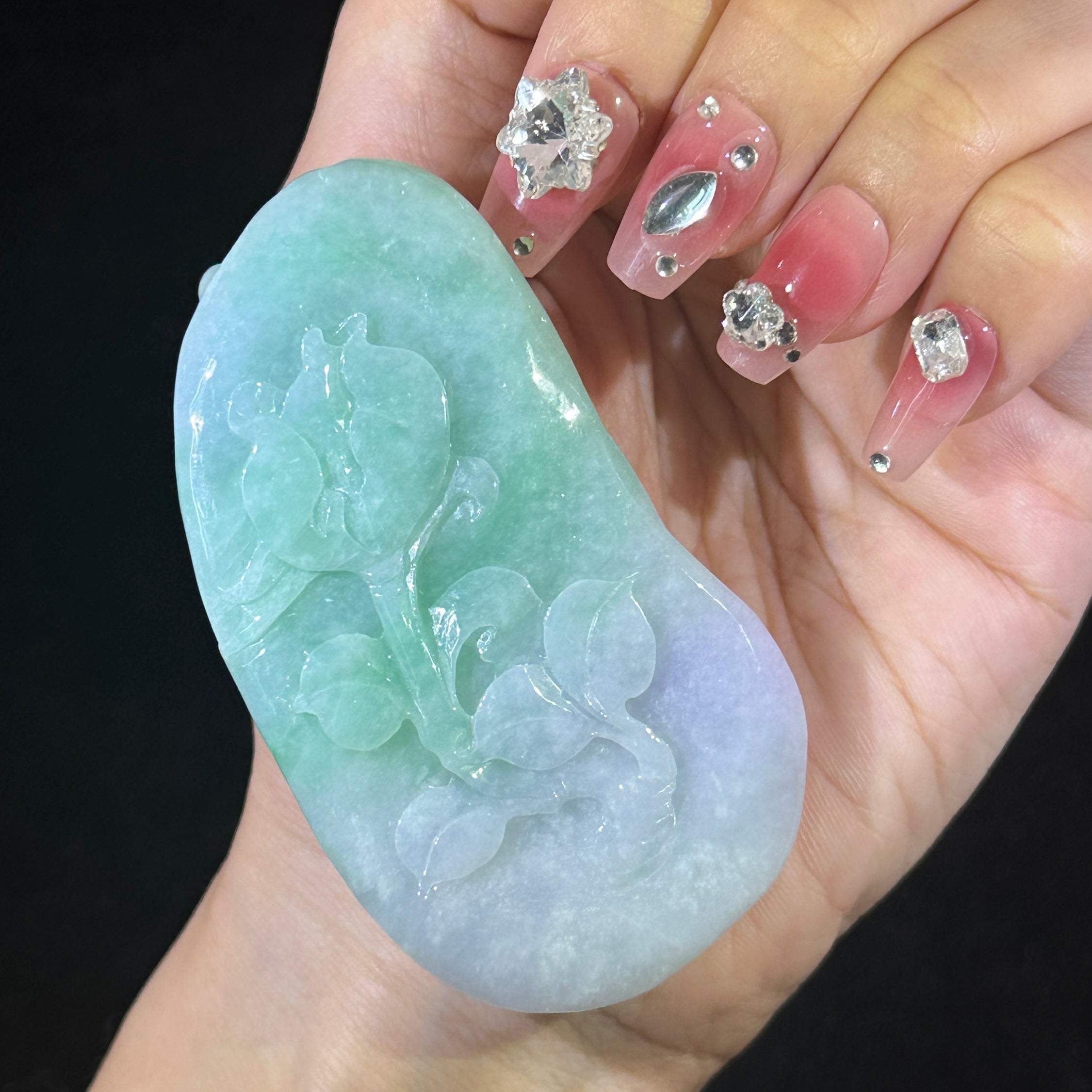 Type A Lavender & Green Jade Birds & Flowers Pendant