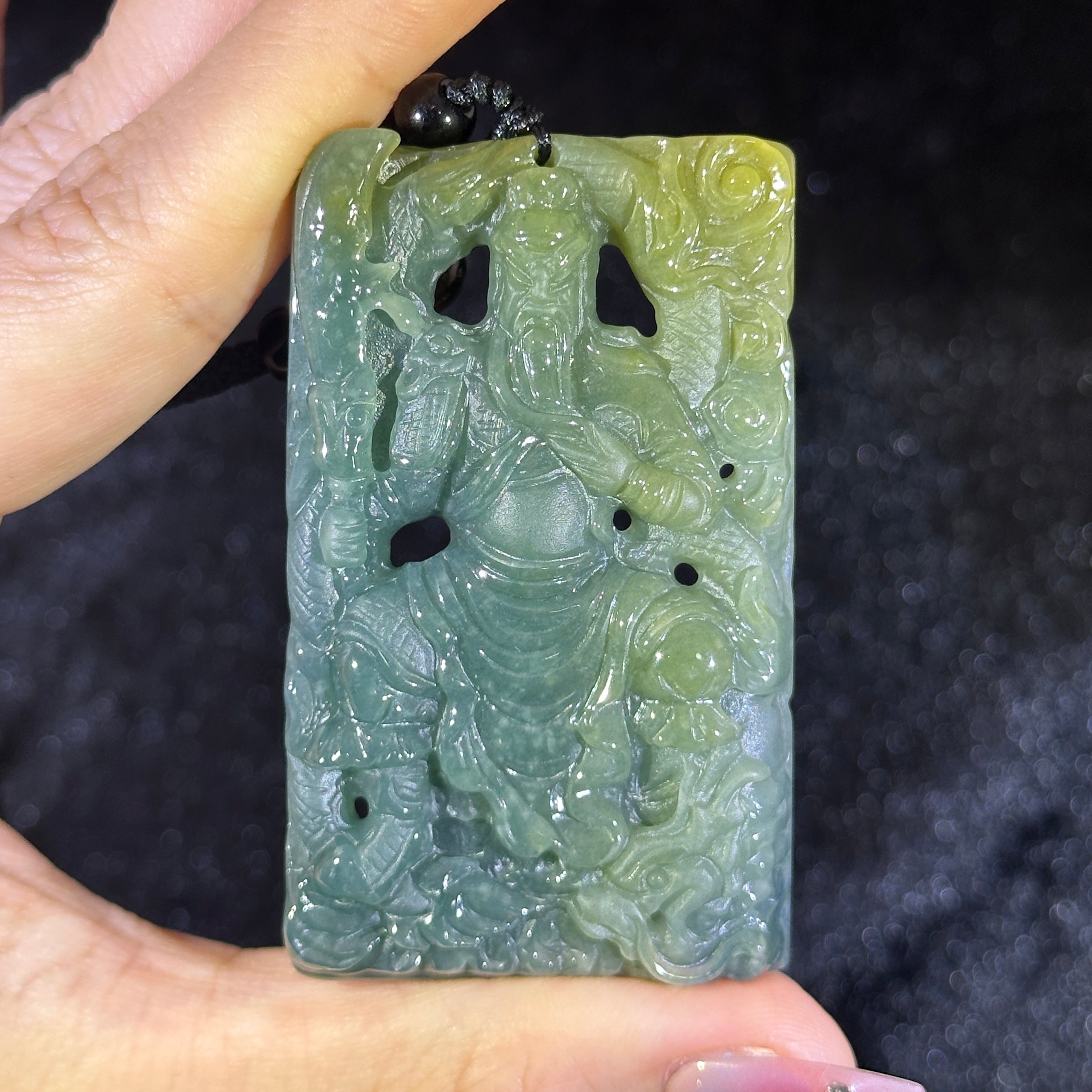 Type A Blueish Green & Yellow Jade Guan Gong & Dragon