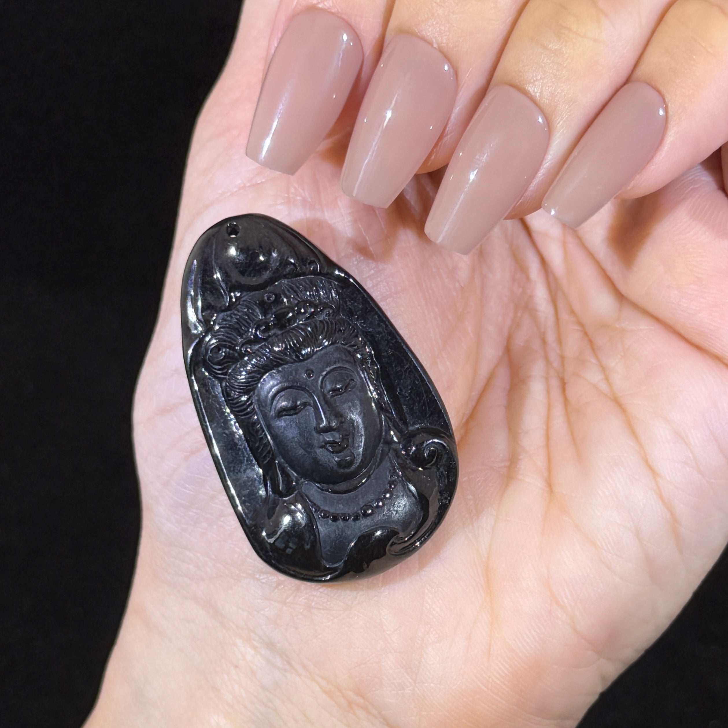 Type A Black Jade Guan Yin Pendant