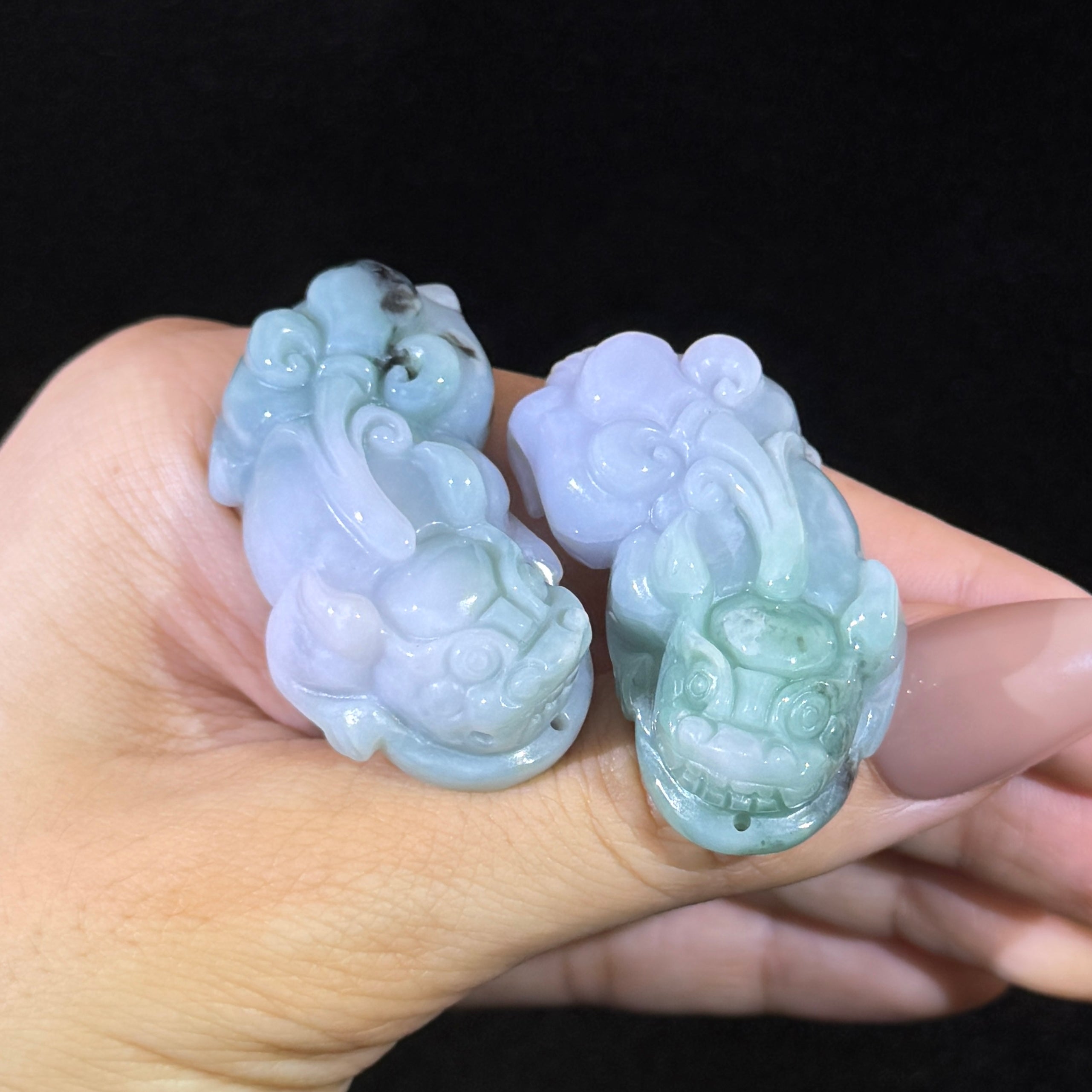 Type A Lavender & Green Jade Pixiu Pair Display