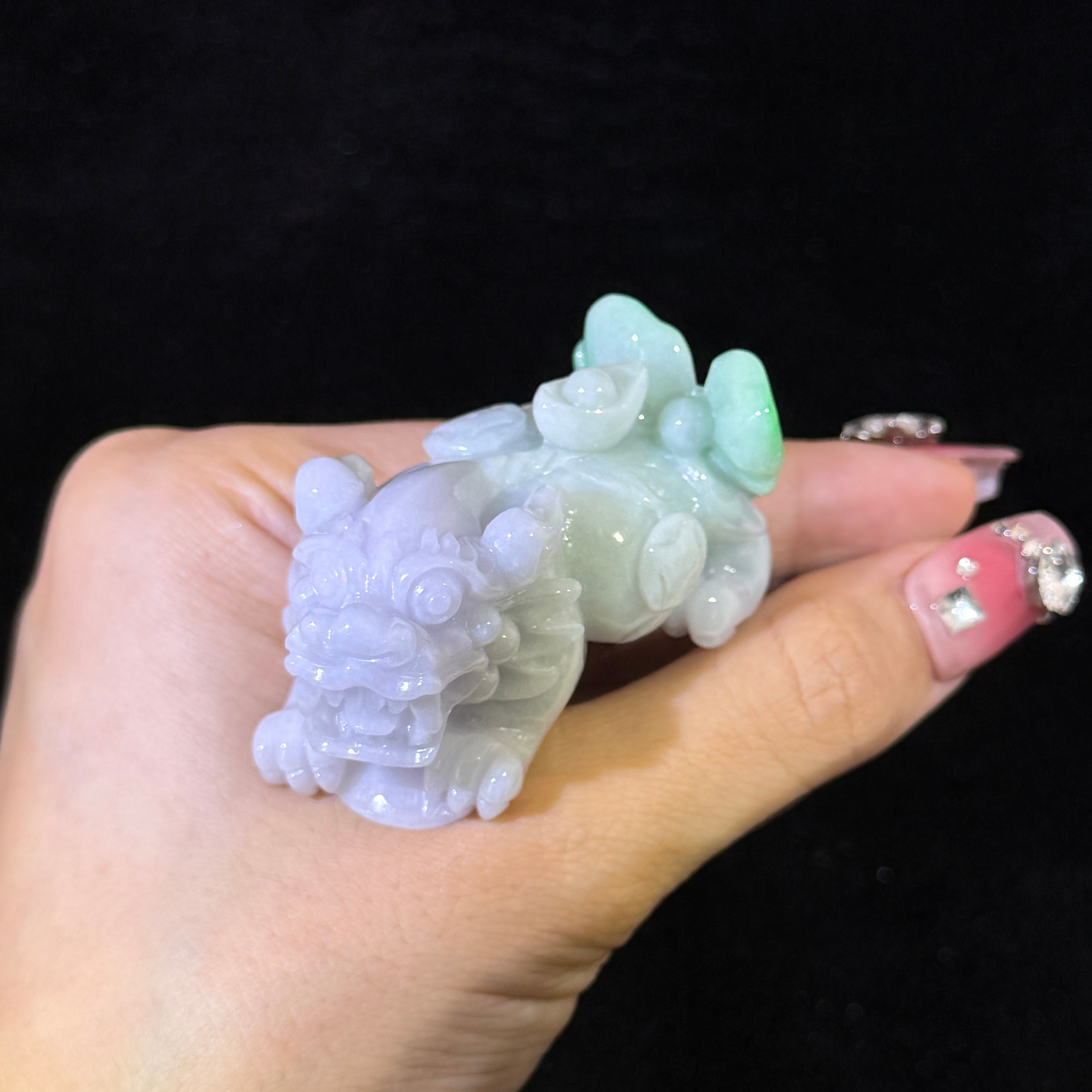 Type A Lavender & Green Jade Pixiu with Yuan Bao Display