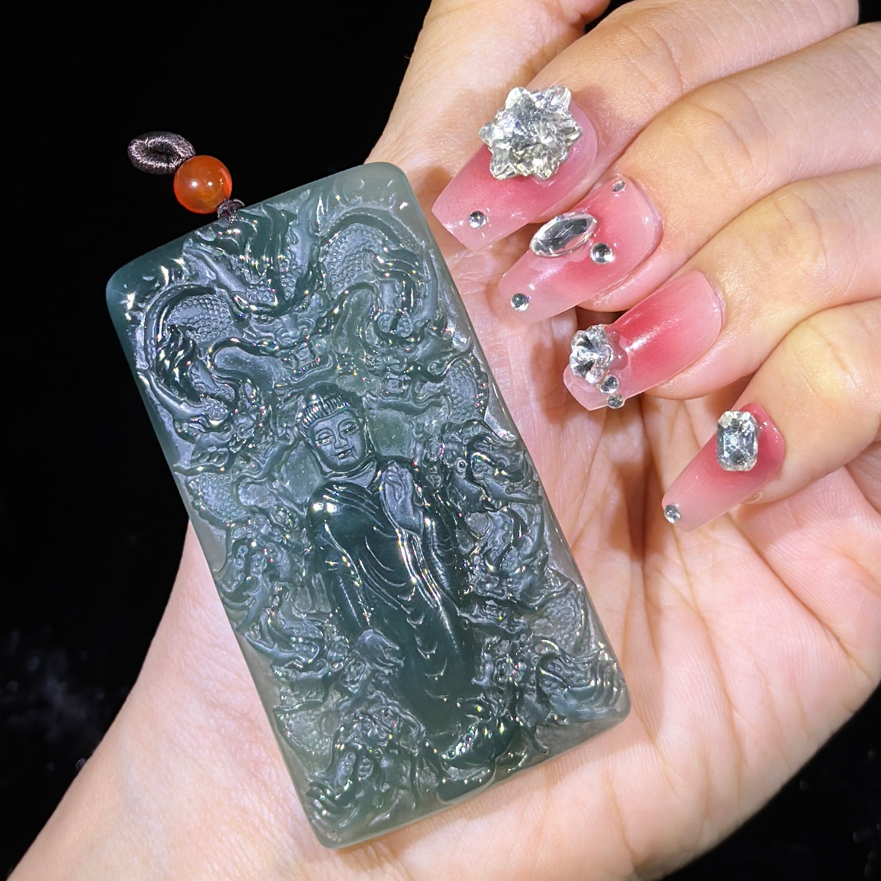 Type A Blueish Green Jade Amitabha Buddha with 9 Dragons