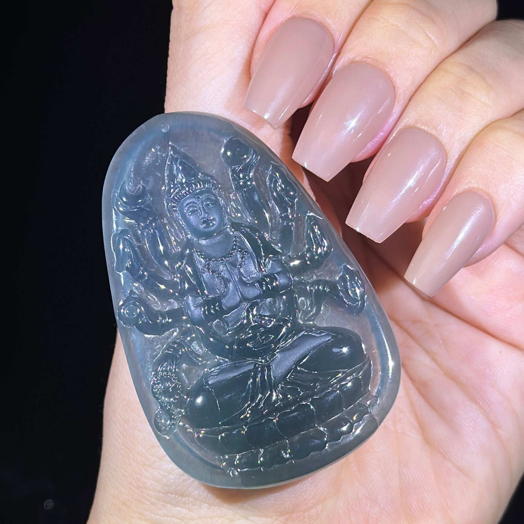 Type A Blueish Green Jade Thousand Hands Guan Yin