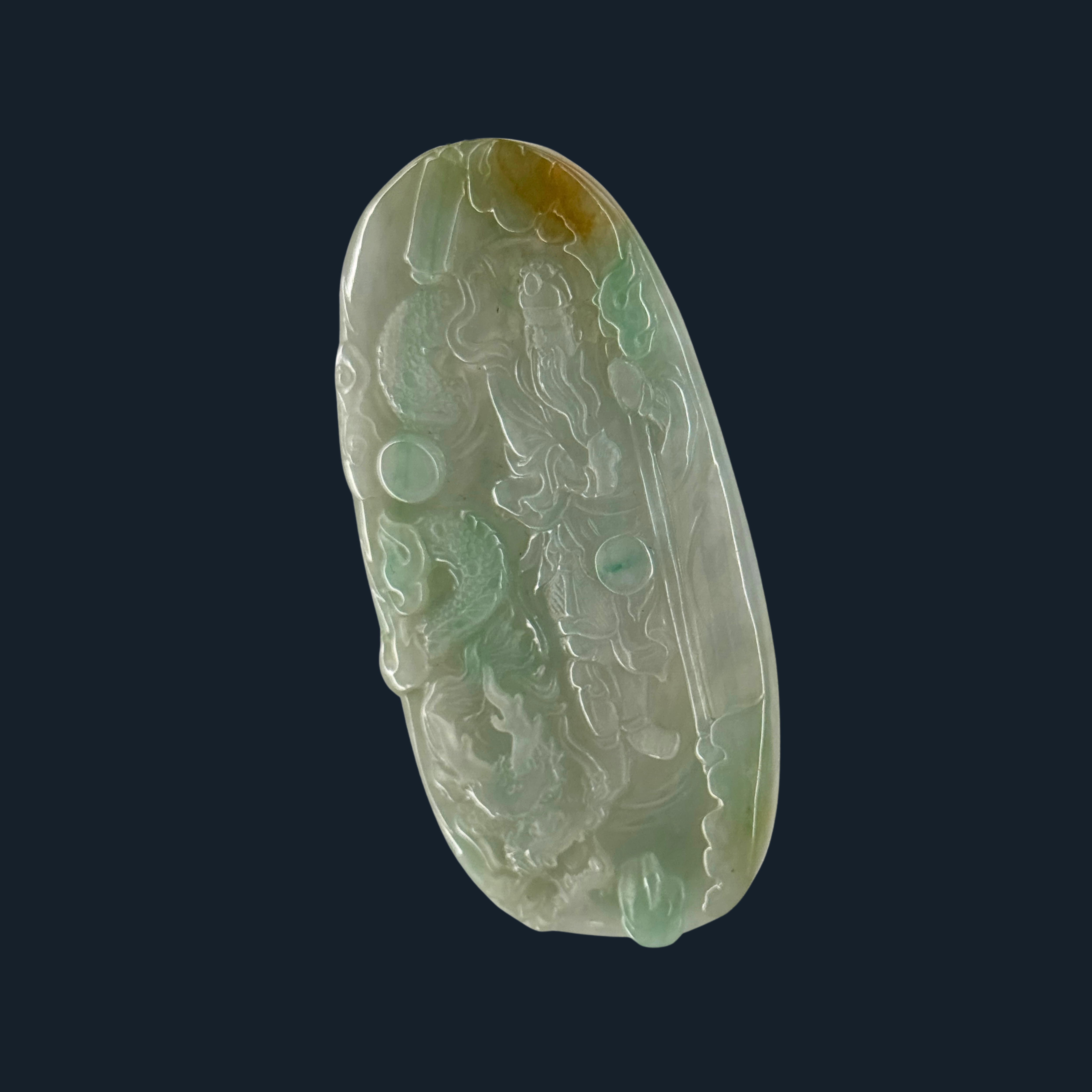 Type A Green and Yellow Jade Guan Gong & Dragon