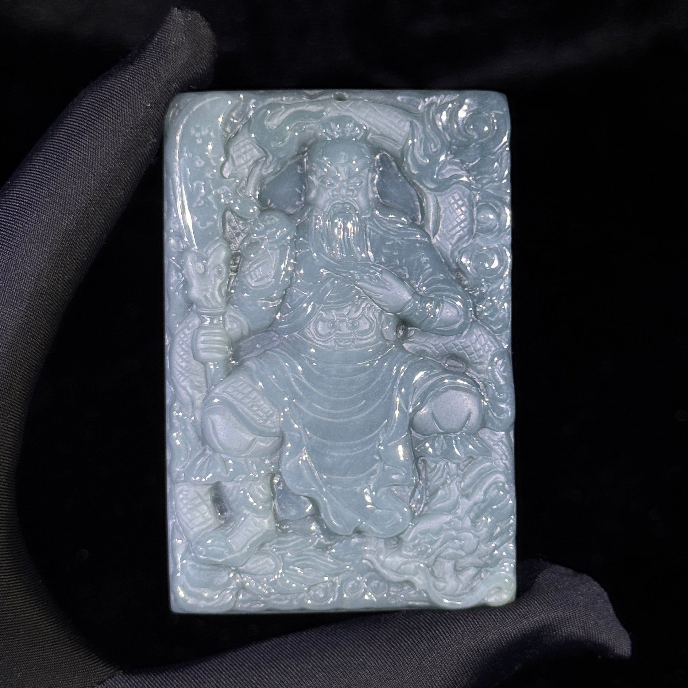 Type A Blueish Green Jade Guan Gong & Dragon