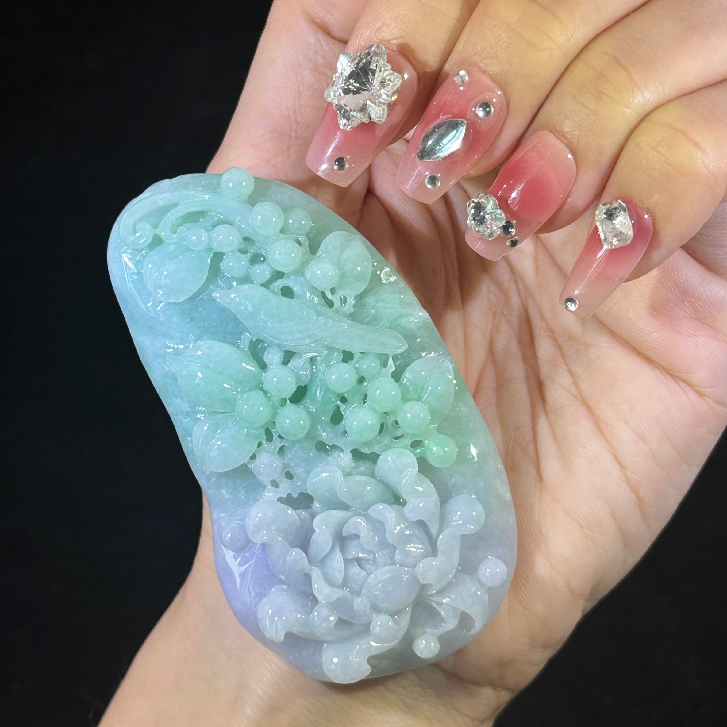 Type A Lavender & Green Jade Birds & Flowers Pendant