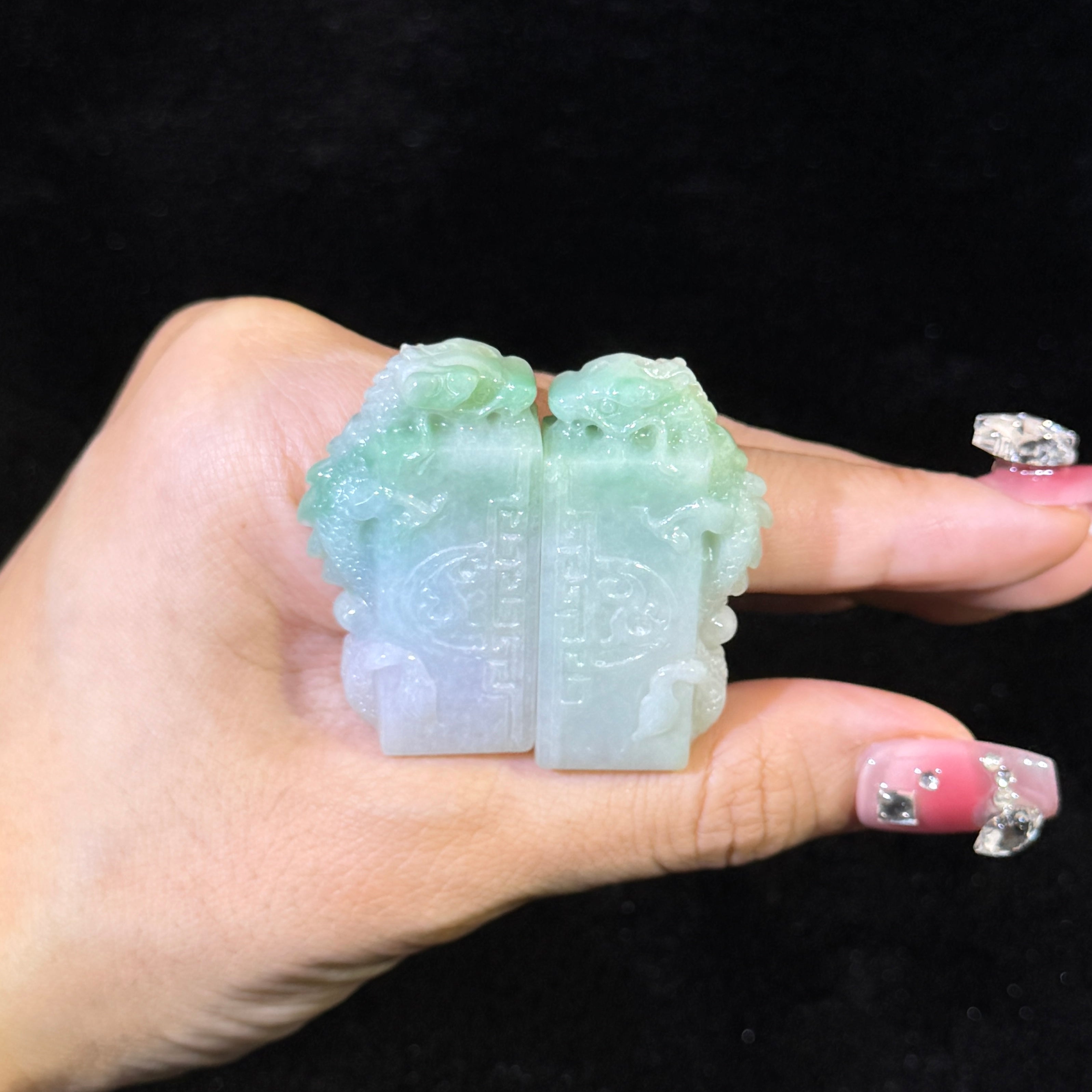 Type A Green Jade Pair of Dragon Seal Display