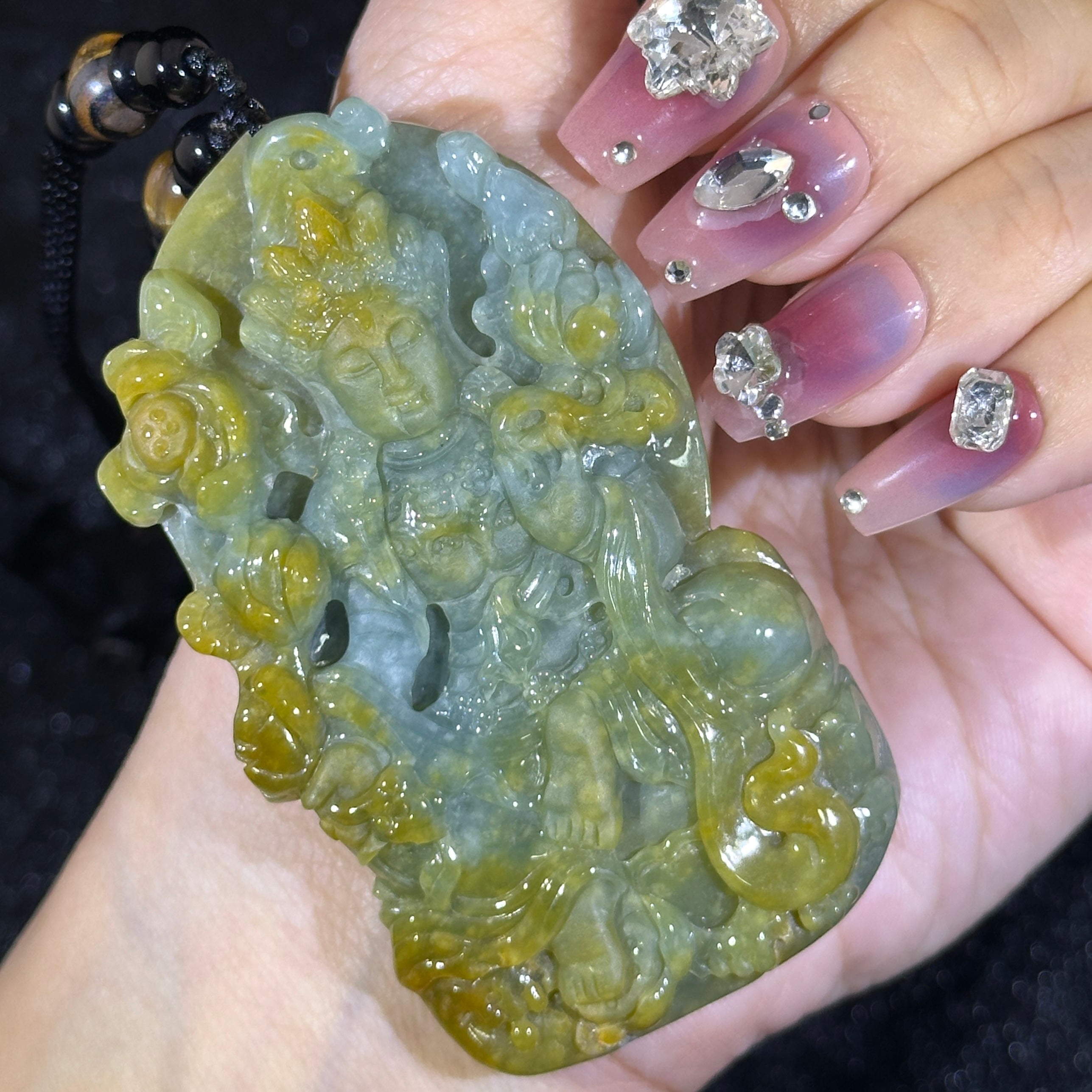 Type A Blueish Green & Yellow Jade Mahasthamaprapta Bodhisattva