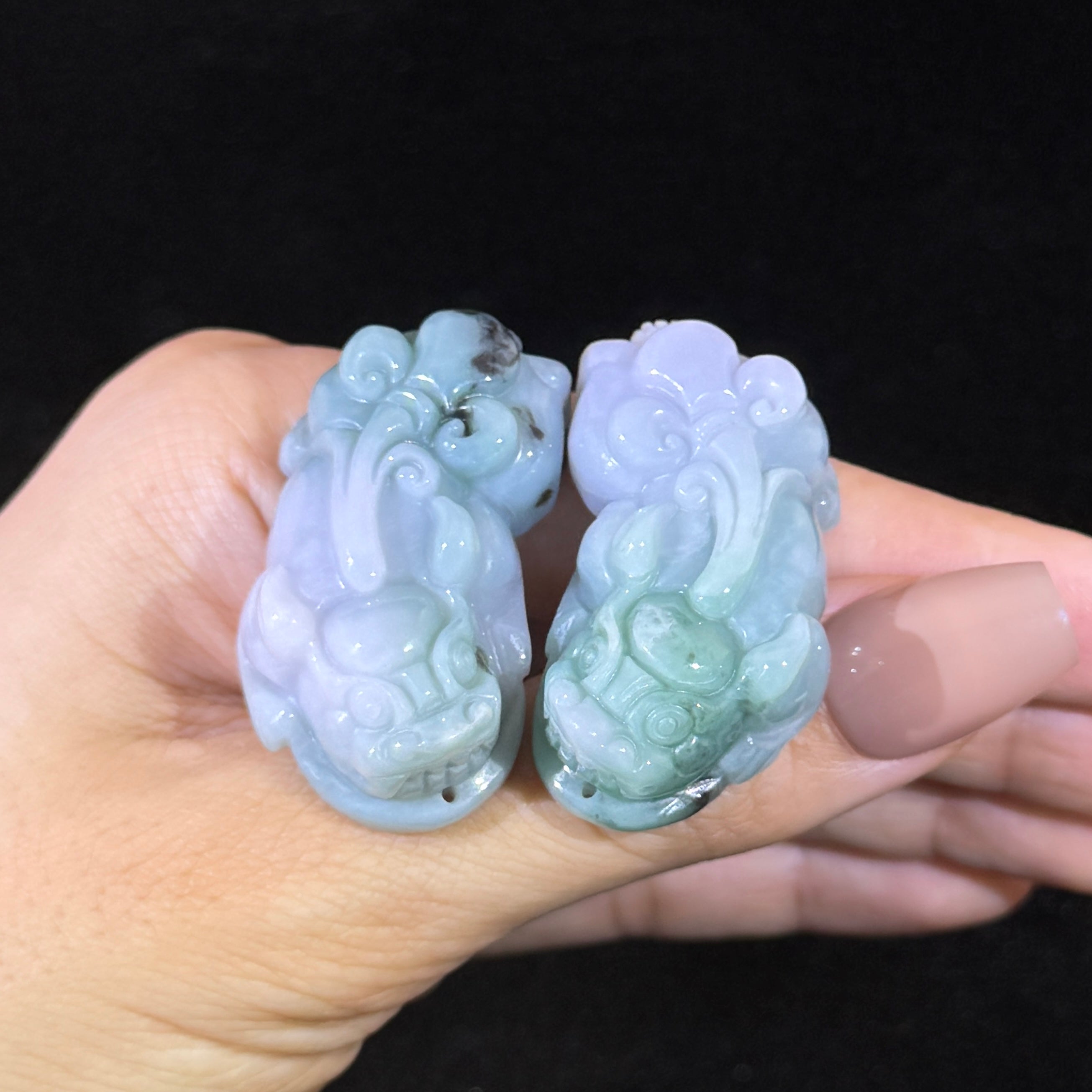 Type A Lavender & Green Jade Pixiu Pair Display