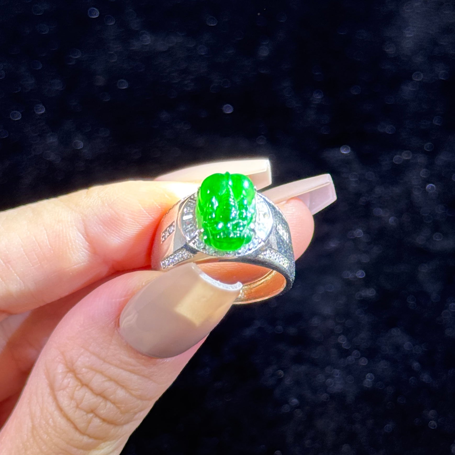 925 Sliver Type A Green Jade Pixiu Ring