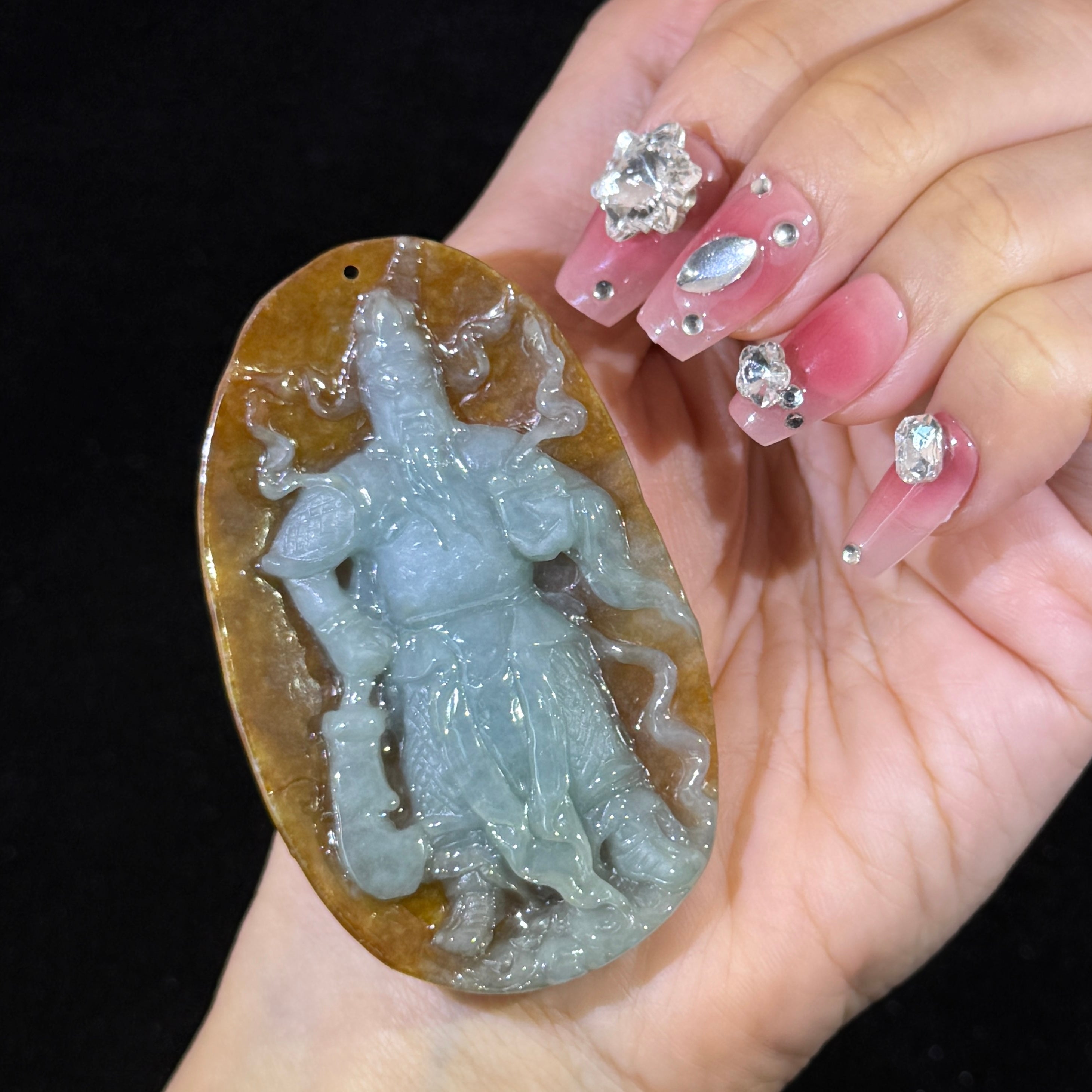 Type A Green & Yellow Jade Guan Gong Pendant